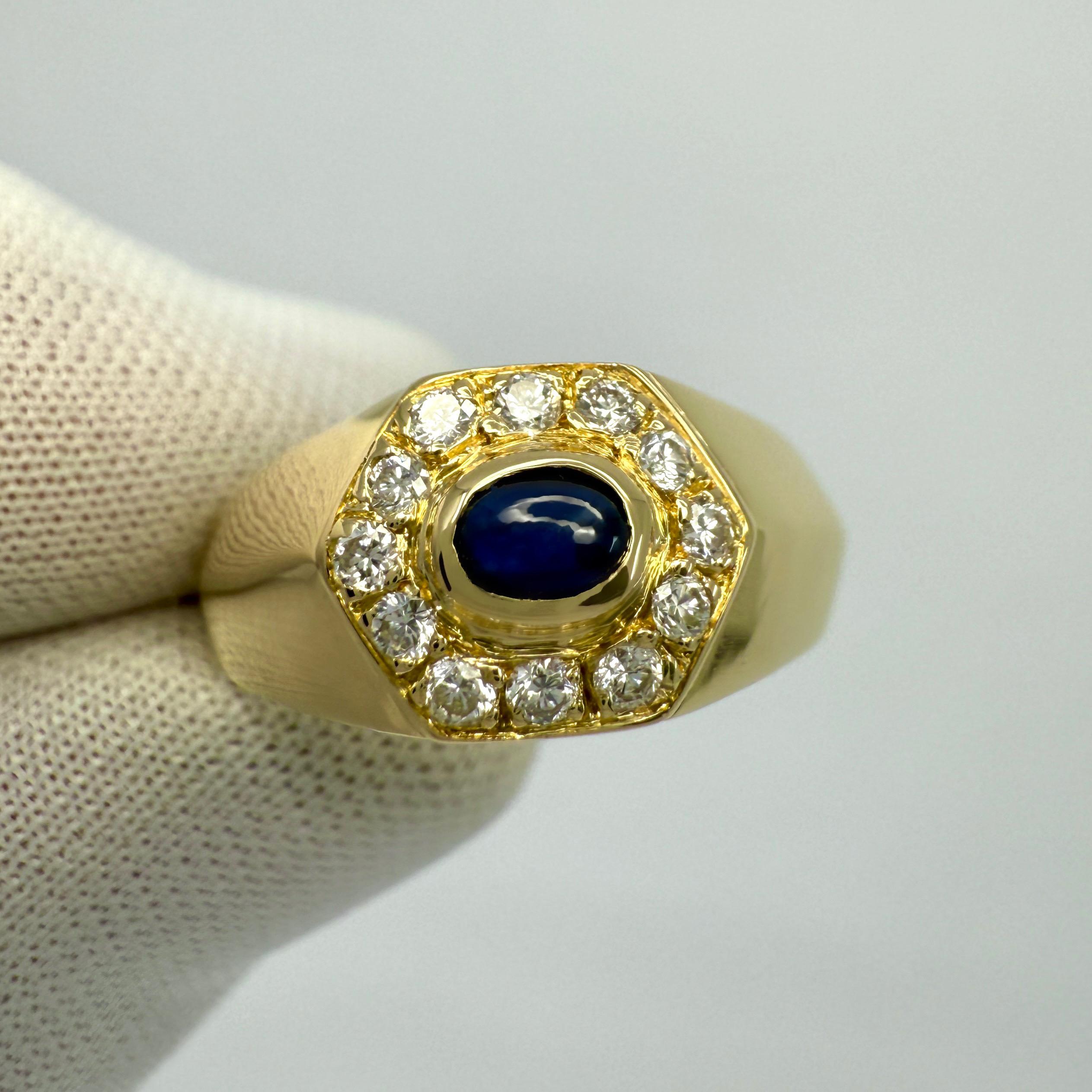 Rare Vintage Cartier Sapphire Diamond Mimi 18k Gold Hexagonal Signet Style Ring For Sale 2