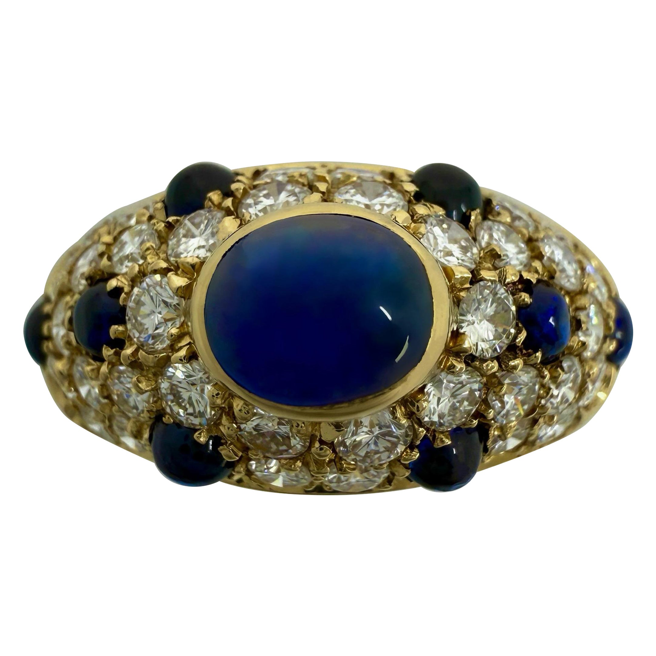Rare Vintage Cartier Sapphire Diamond Mimi 18k Yellow Gold Oval Cabochon Ring