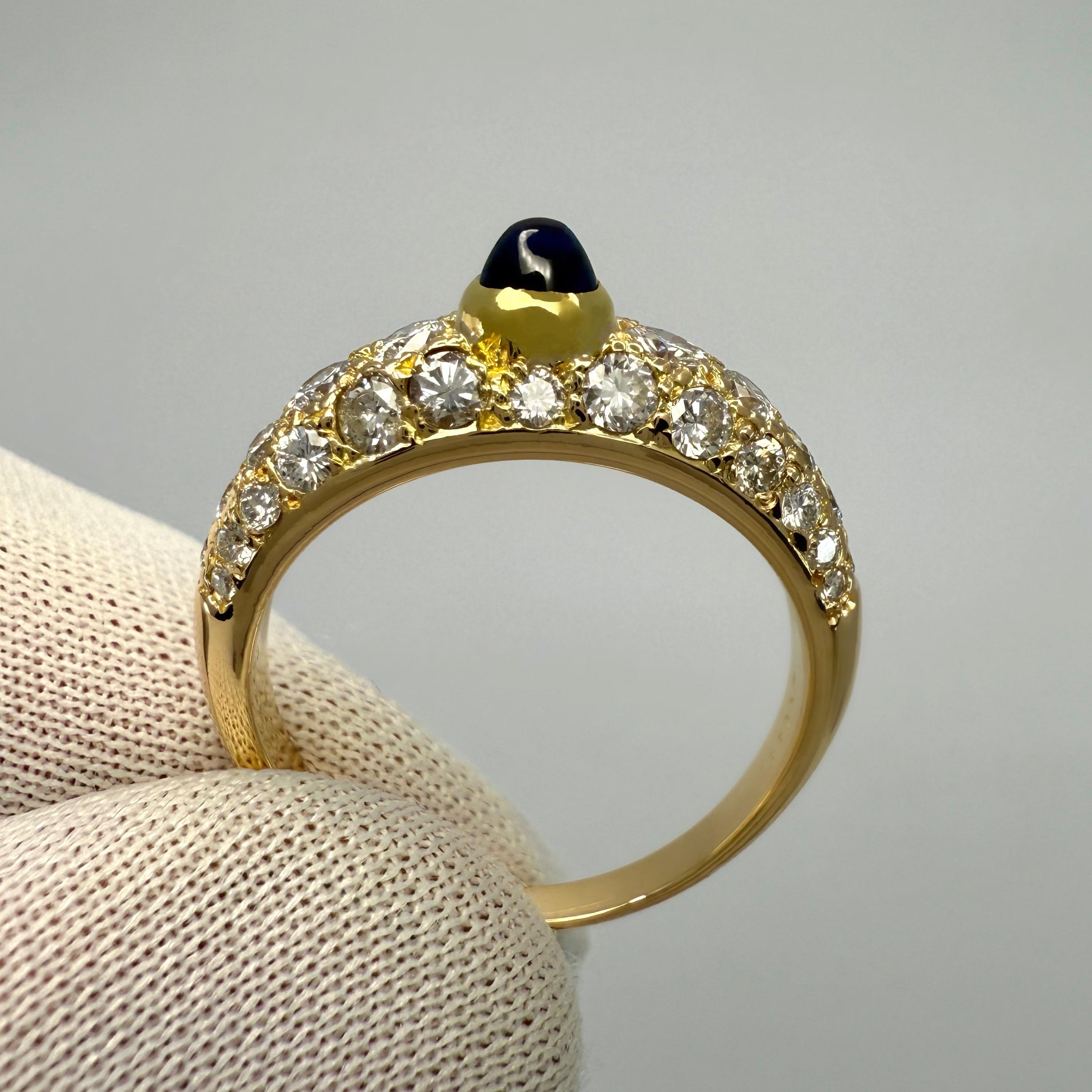 Rare Vintage Cartier Sapphire Diamond Mimi 18k Yellow Gold Round Cabochon Ring In Excellent Condition In Birmingham, GB