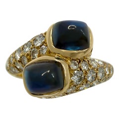 Rare Vintage Cartier Sugarloaf Blue Sapphire & Diamond Mimi 18k Gold Bypass Ring
