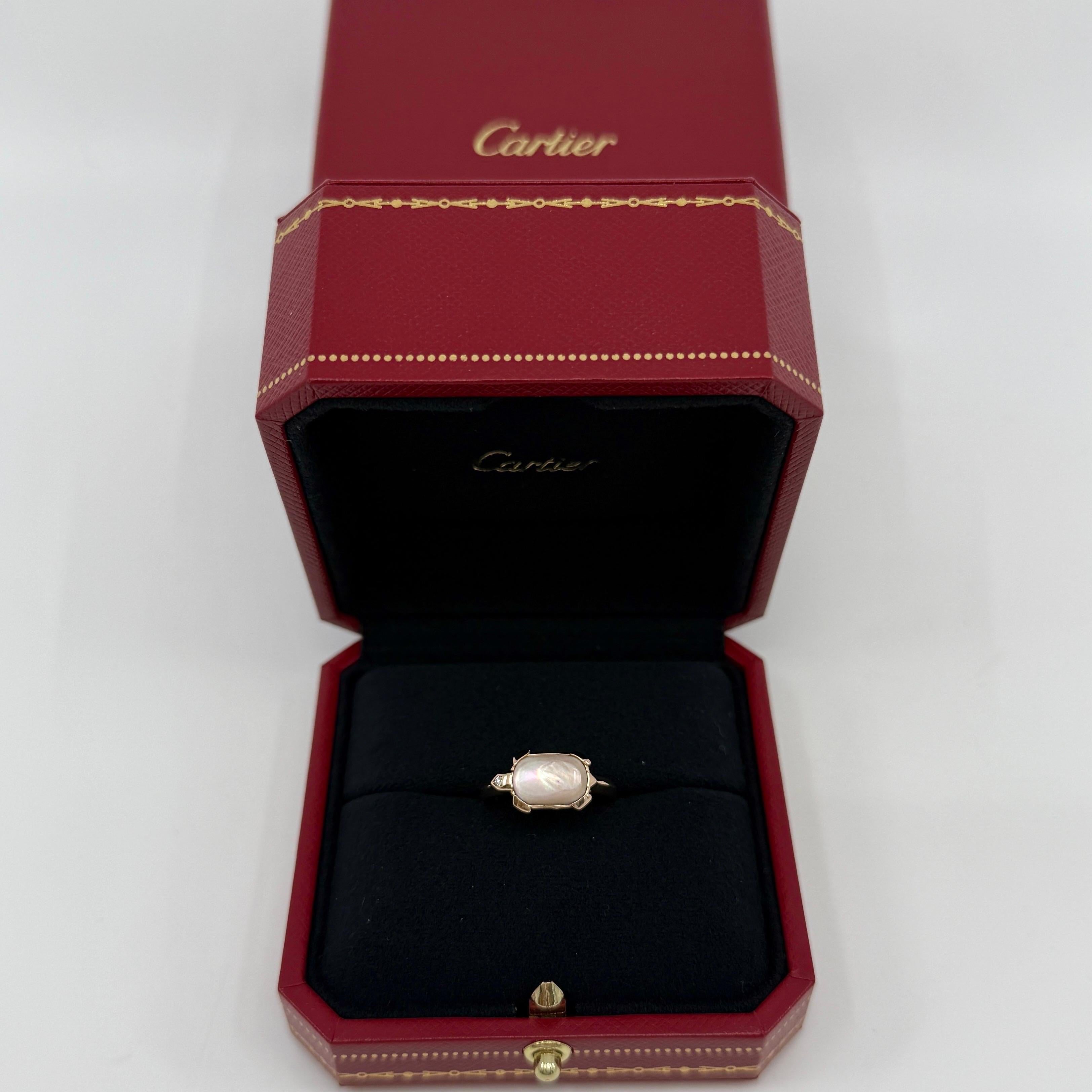 Rare Vintage Cartier Tortue Mother of Pearl & Diamond 18k Rose Gold Ring 54 N1/2 For Sale 5