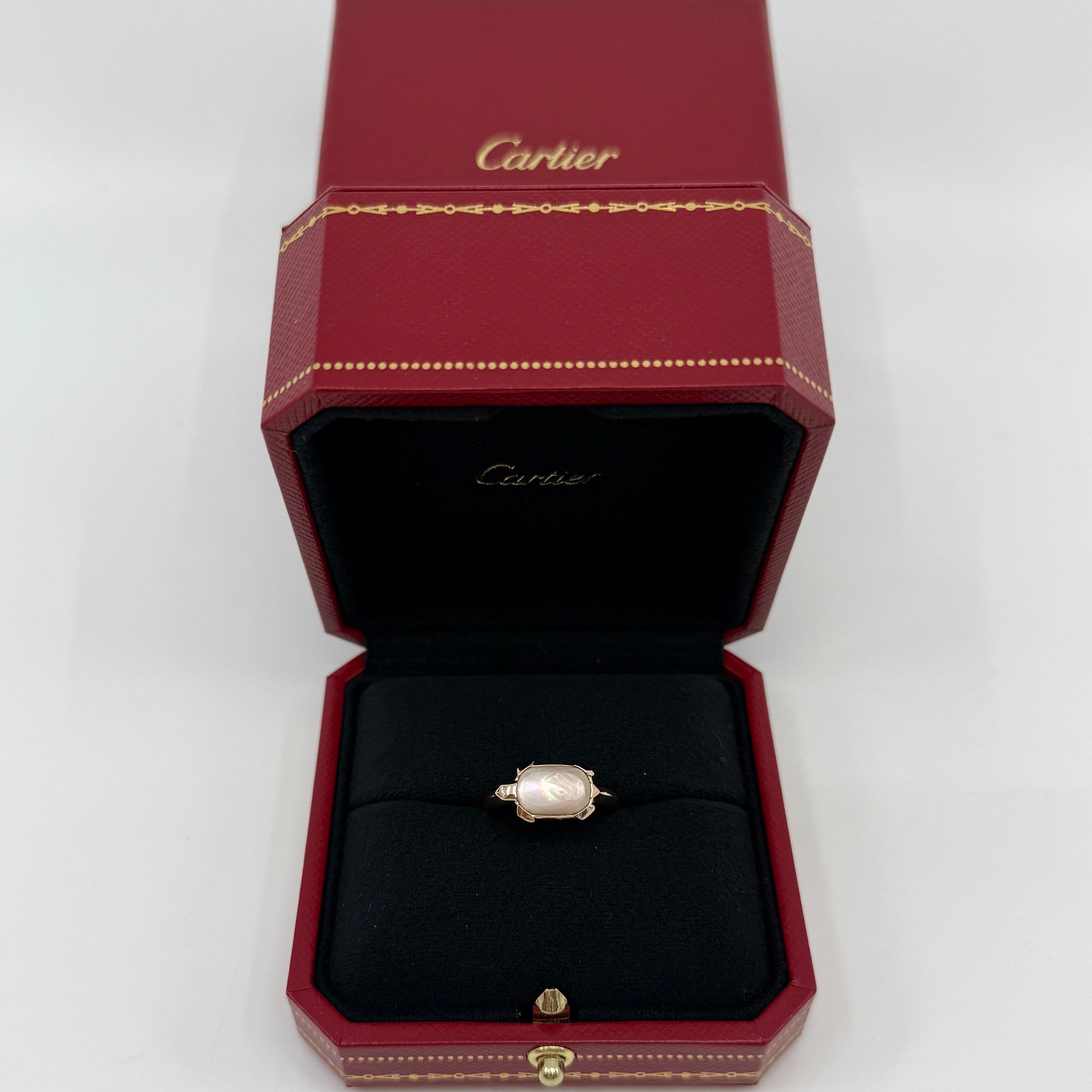 Rare Vintage Cartier Tortue Mother of Pearl & Diamond 18k Rose Gold Ring.

An exquisitely made rose gold tortoise shaped ring. Mother of pearl body with a diamond set in the head, this beautifully made ring measures 10.5x7mm. Fine jewellery houses