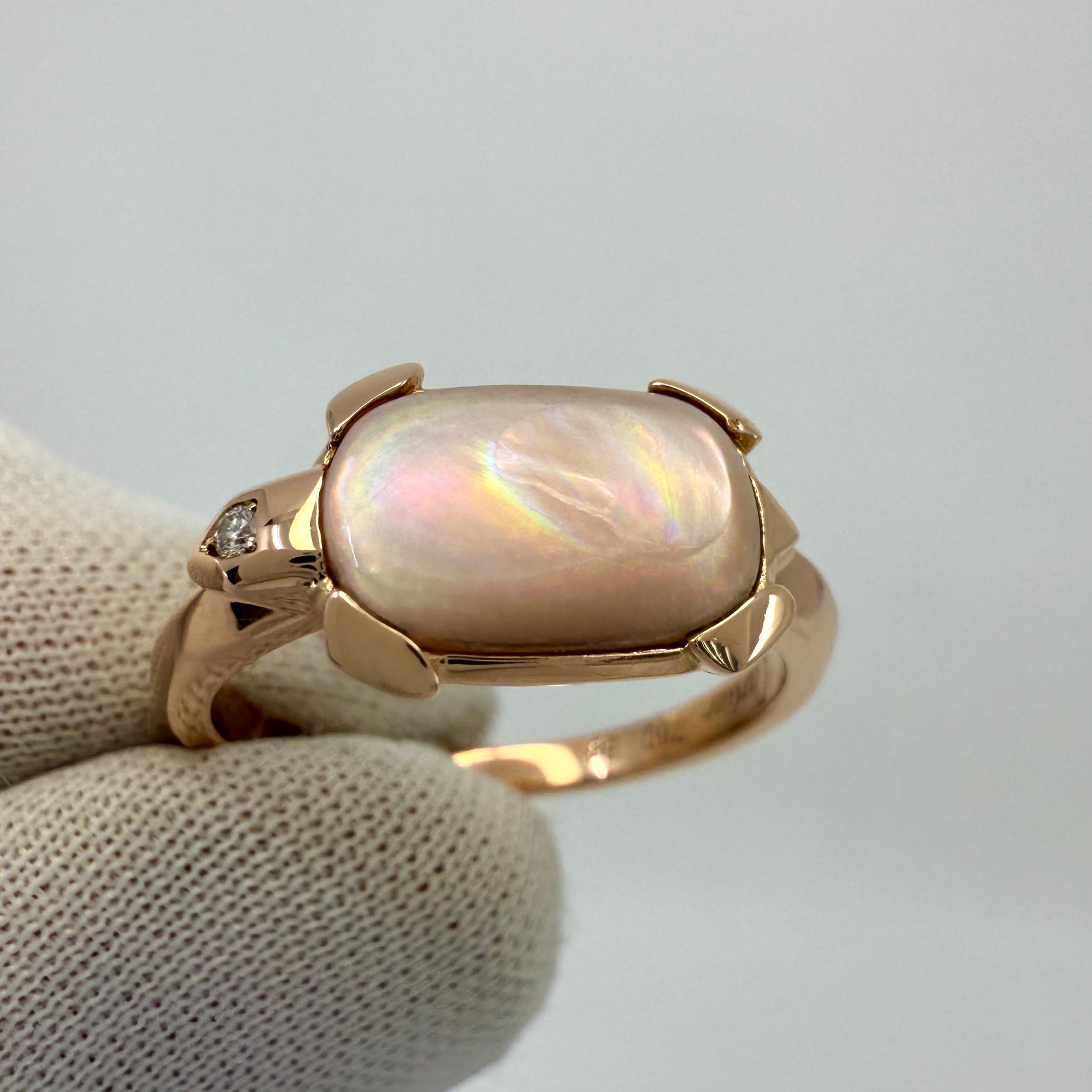 Round Cut Rare Vintage Cartier Tortue Mother of Pearl & Diamond 18k Rose Gold Ring 54 N1/2 For Sale