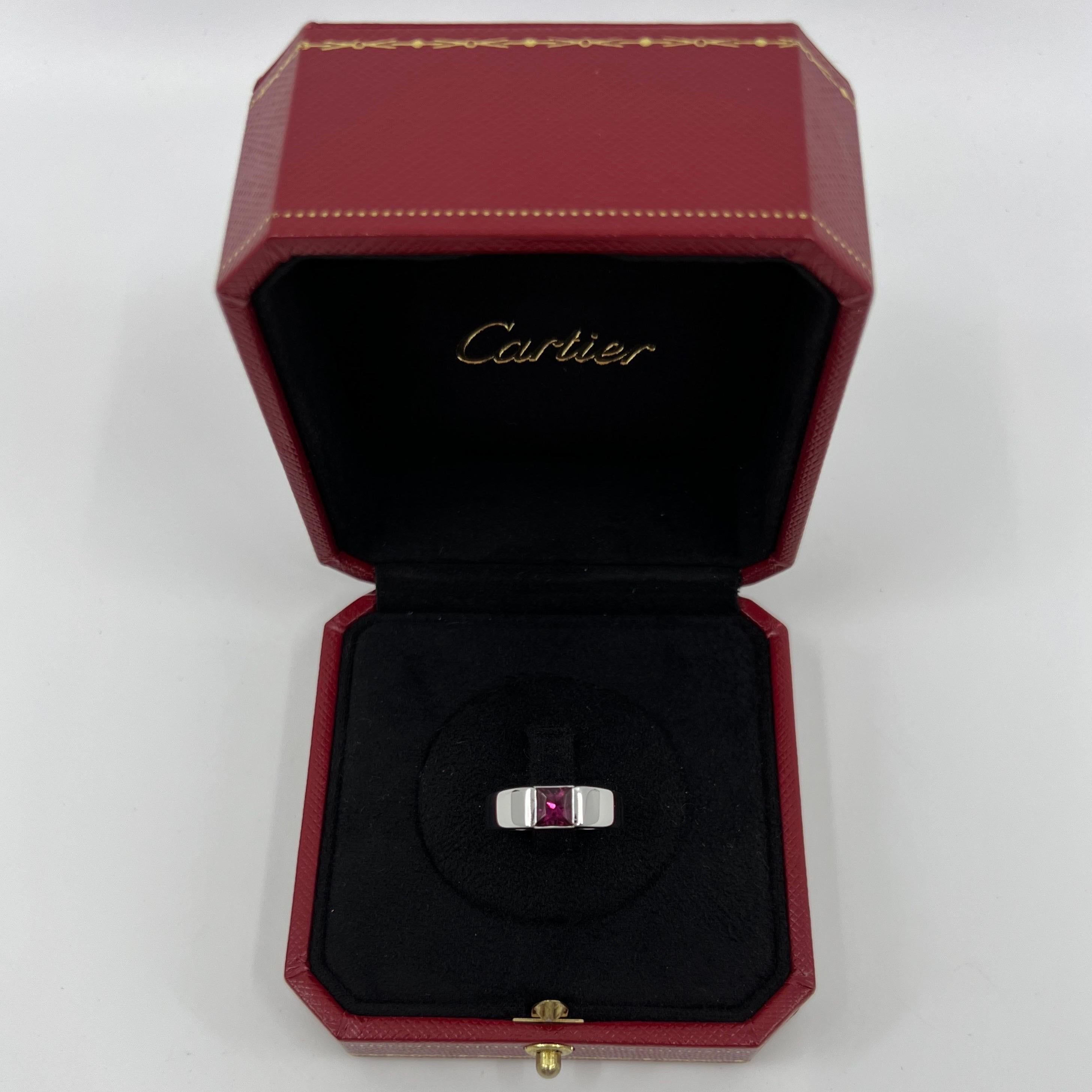 Rare Vintage Cartier Pink Purple Rhodolite Garnet 18 Karat White Gold Tank Ring.

Stunning white gold ring with a 5mm tension set bright pink fancy-cut rhodolite garnet. Fine jewellery houses like Cartier only use the finest of gemstones and this