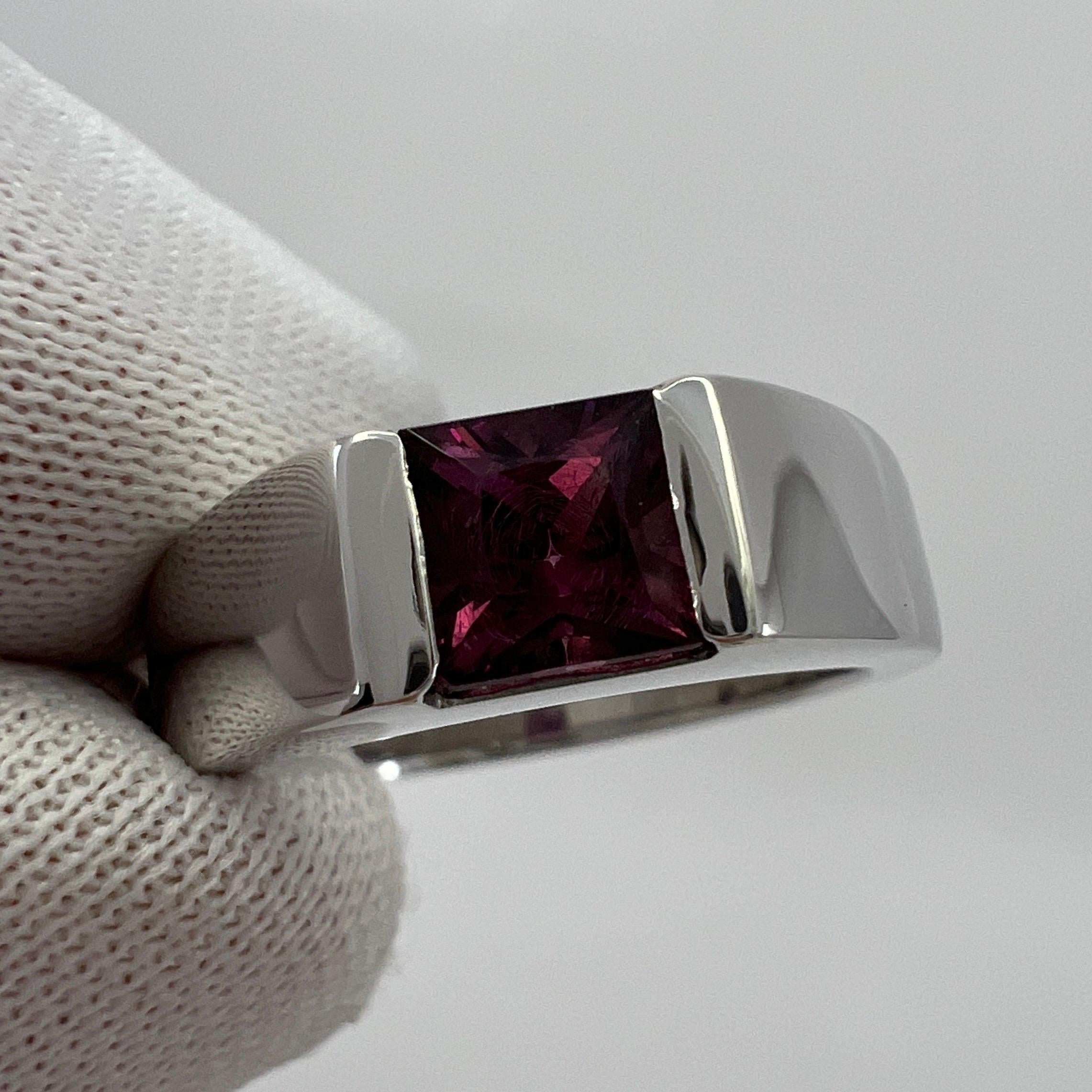 Rare Vintage Cartier Vivid Pink Purple Rhodolite Garnet 18k White Gold Tank Ring Unisexe en vente