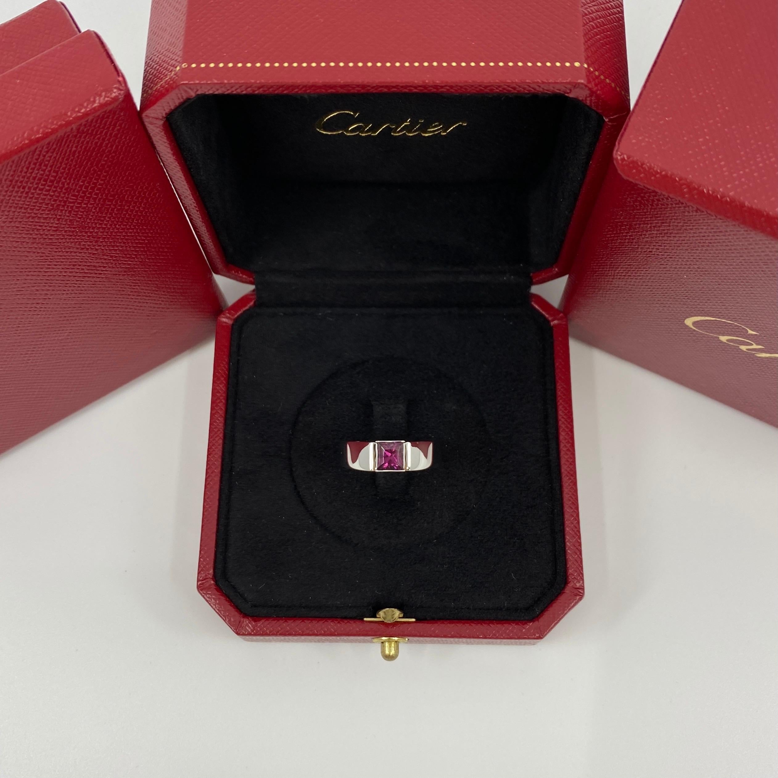 Square Cut Rare Vintage Cartier Vivid Pink Purple Rhodolite Garnet 18k White Gold Tank Ring