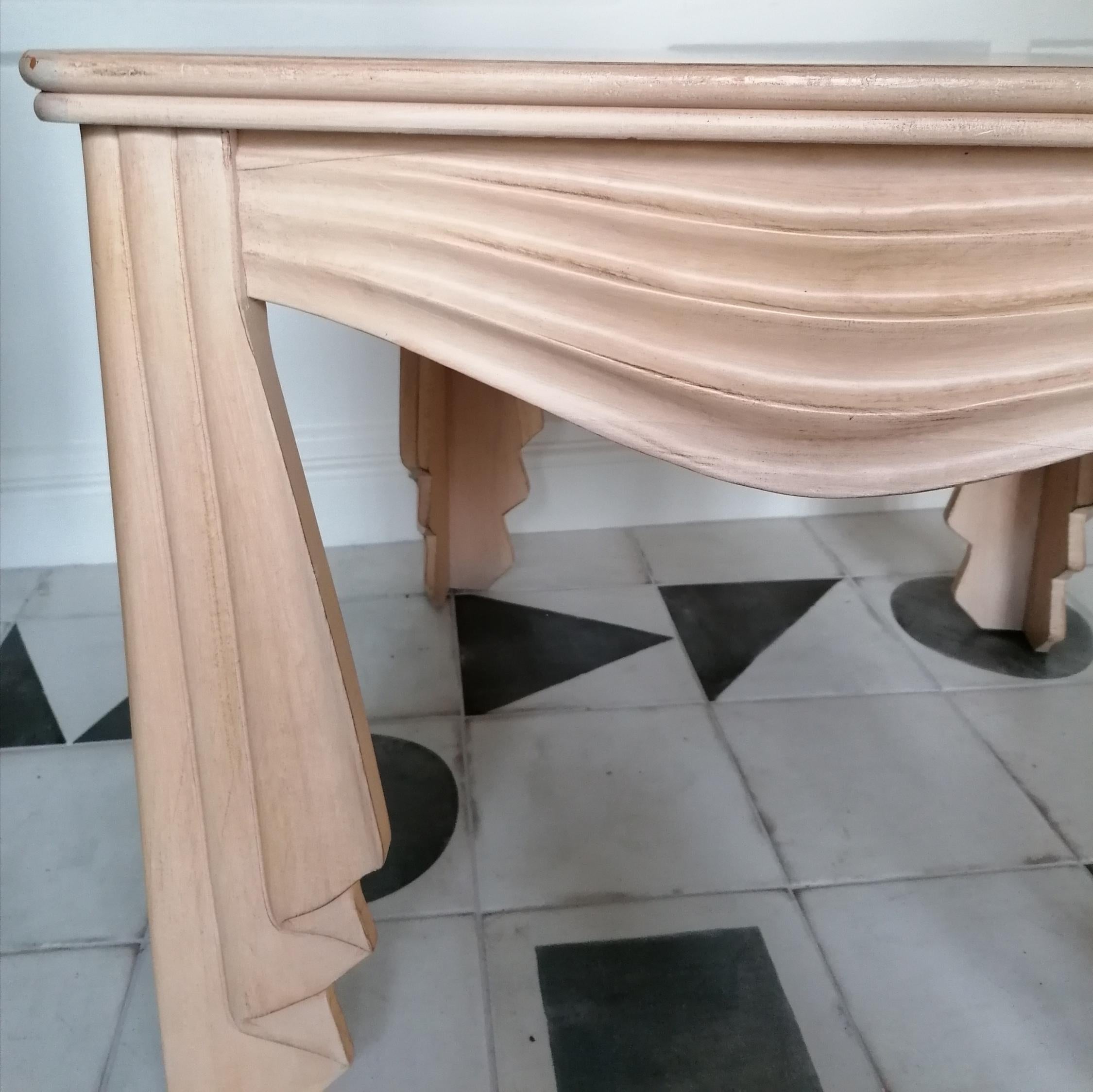 Varnished Rare Vintage Carved Wood Trompe L'oeil Draped Swags Side/End Table, USA, C1980s