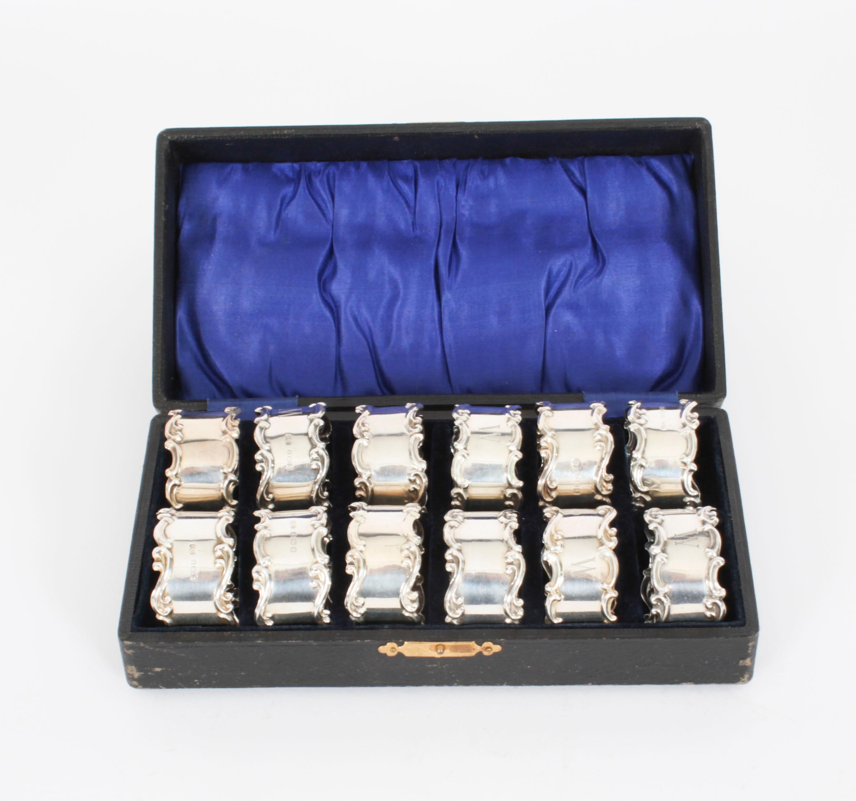 Rare Vintage Cased Set of Twelve Sterling Silver Napkin Rings Mid 20th C 6