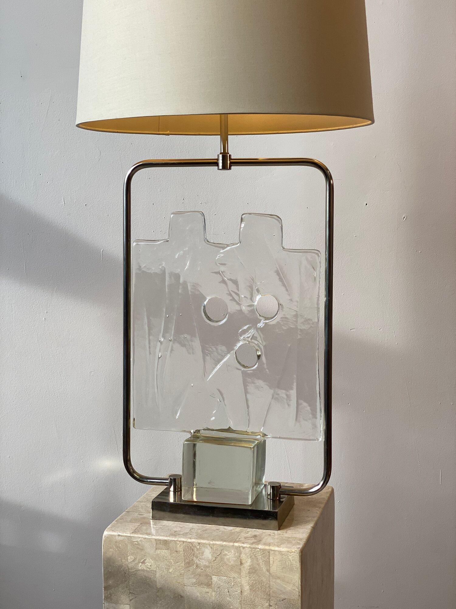 Italian Rare Vintage Cast Glass + Chrome Lamp, Luciano Gaspari for Salviati Italy, 1960s For Sale