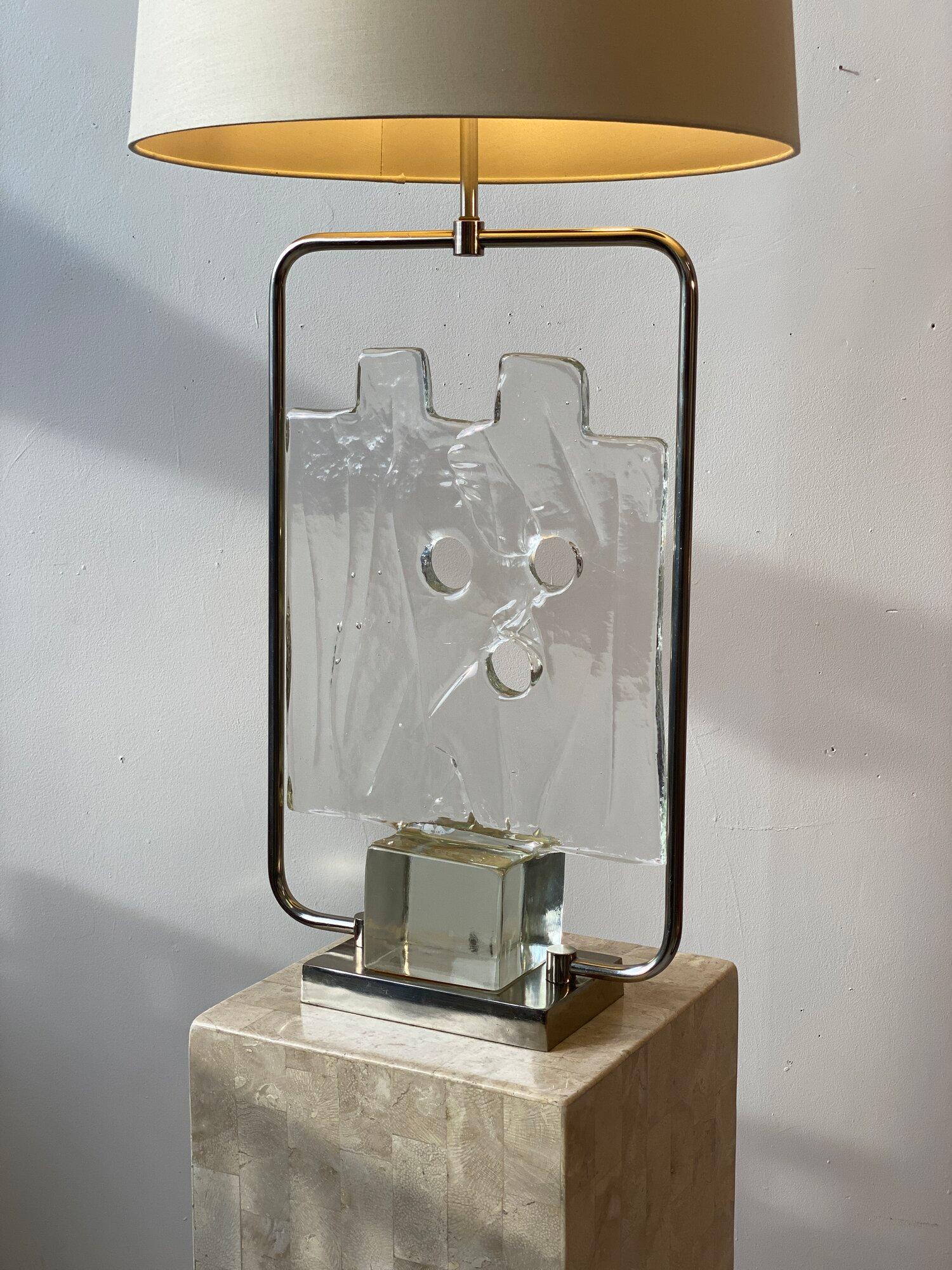 Rare Vintage Cast Glass + Chrome Lamp, Luciano Gaspari for Salviati Italy, 1960s In Good Condition For Sale In Long Island City, NY