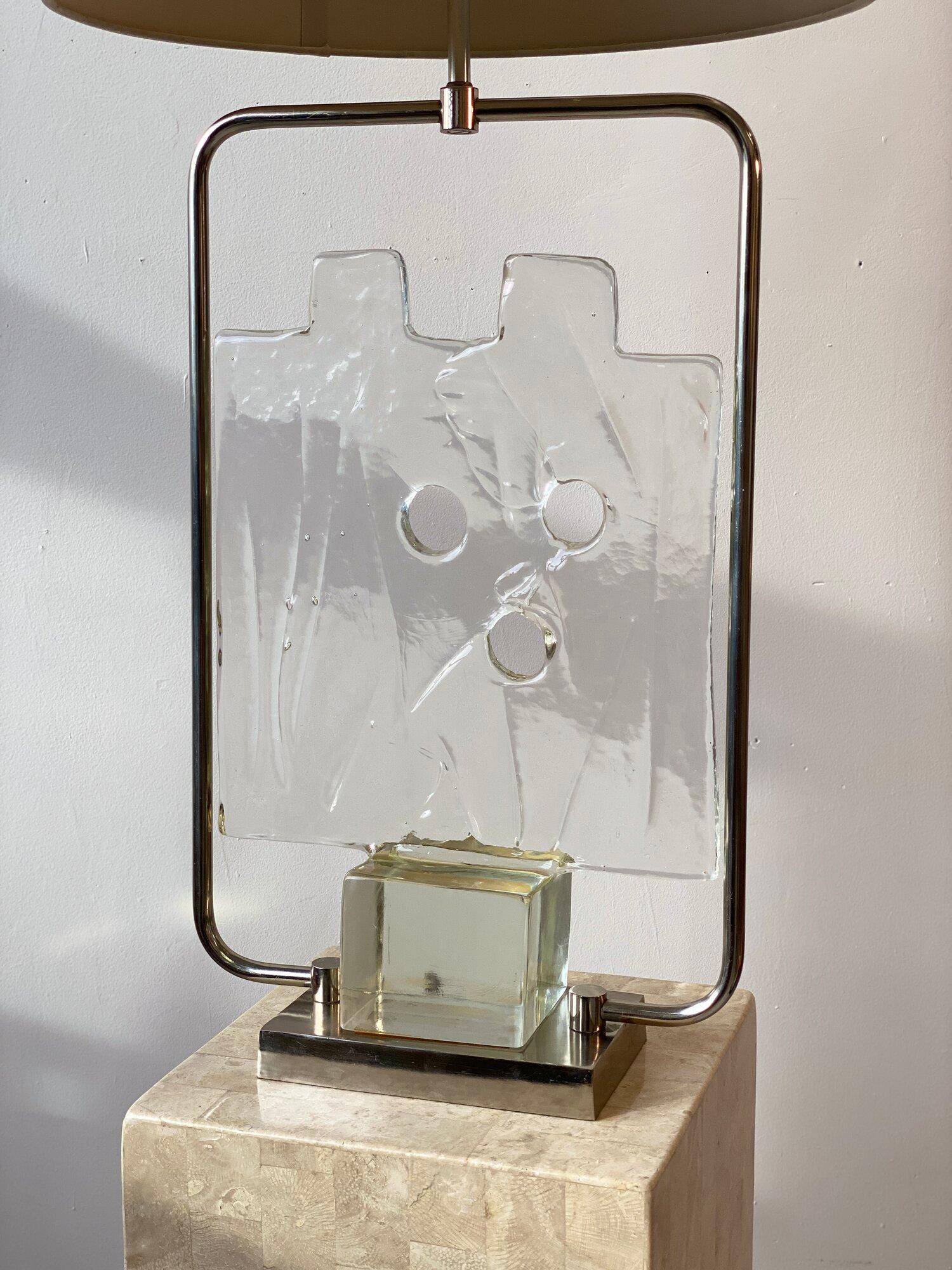 Mid-20th Century Rare Vintage Cast Glass + Chrome Lamp, Luciano Gaspari for Salviati Italy, 1960s For Sale