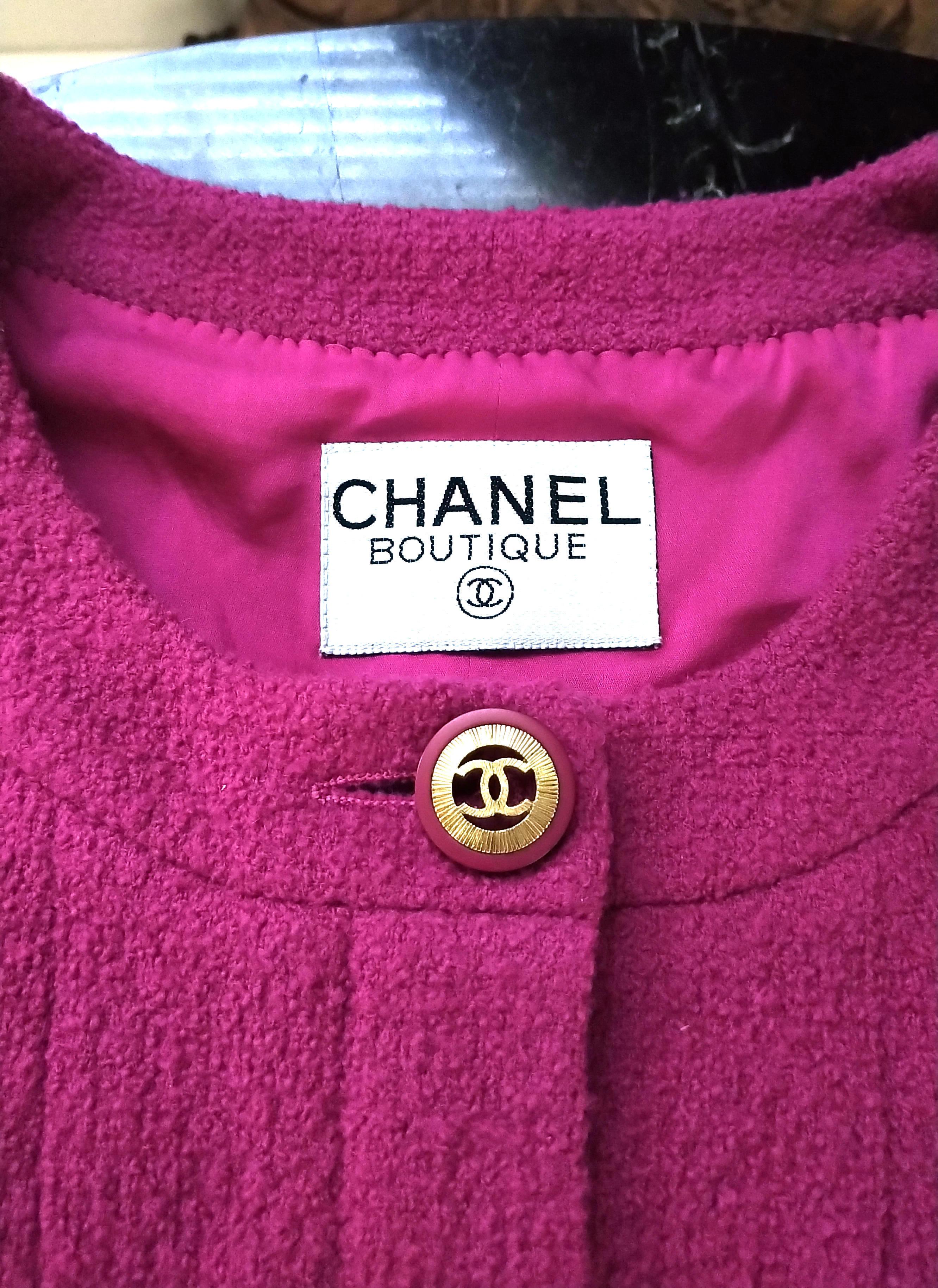 Rare Vintage Chanel 1980's CC Pink Violet Tweed Jacket Skirt Suit FR 40/ US 6 8 For Sale 5