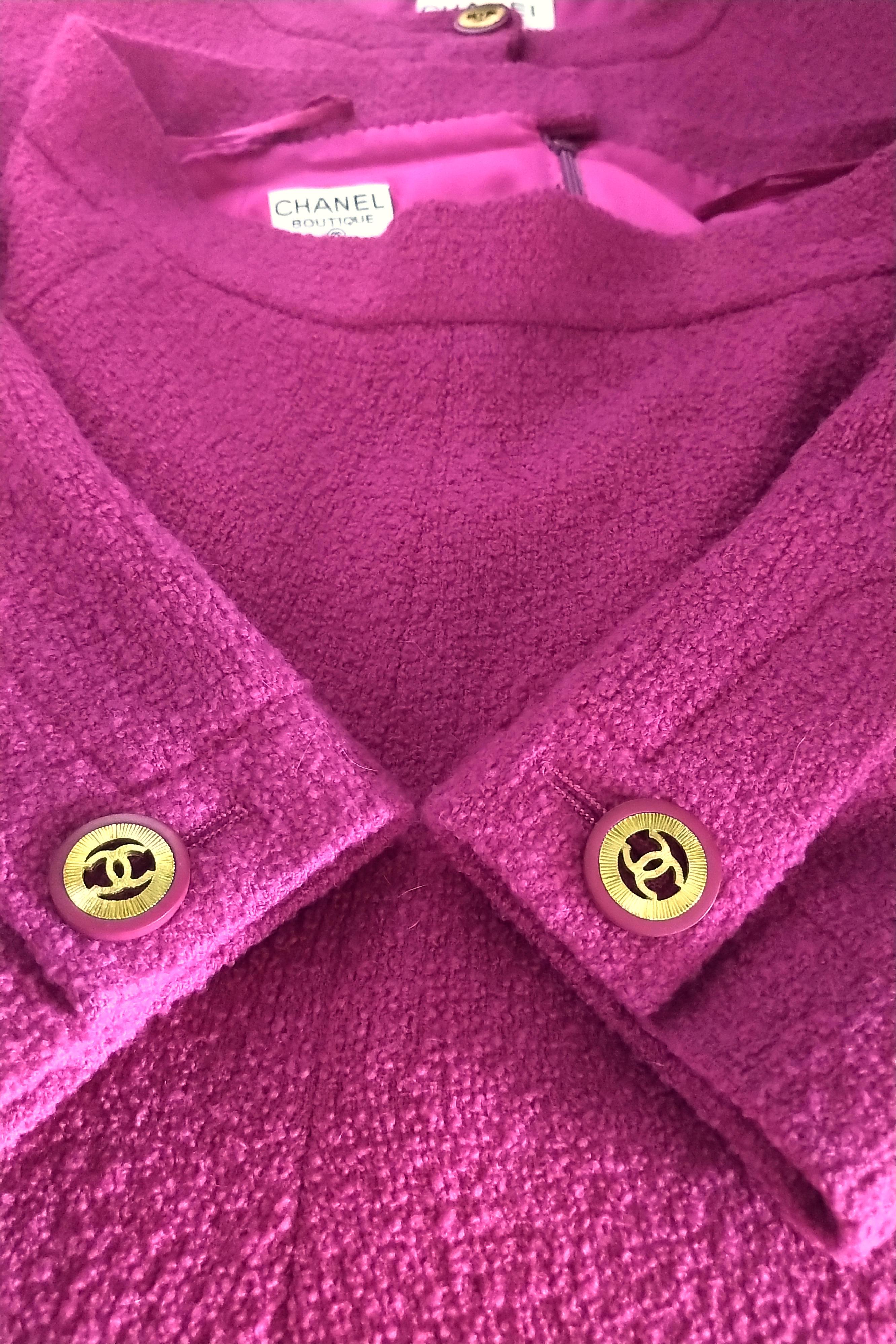 Rare Vintage Chanel 1980's CC Pink Violet Tweed Jacket Skirt Suit FR 40/ US 6 8 For Sale 6