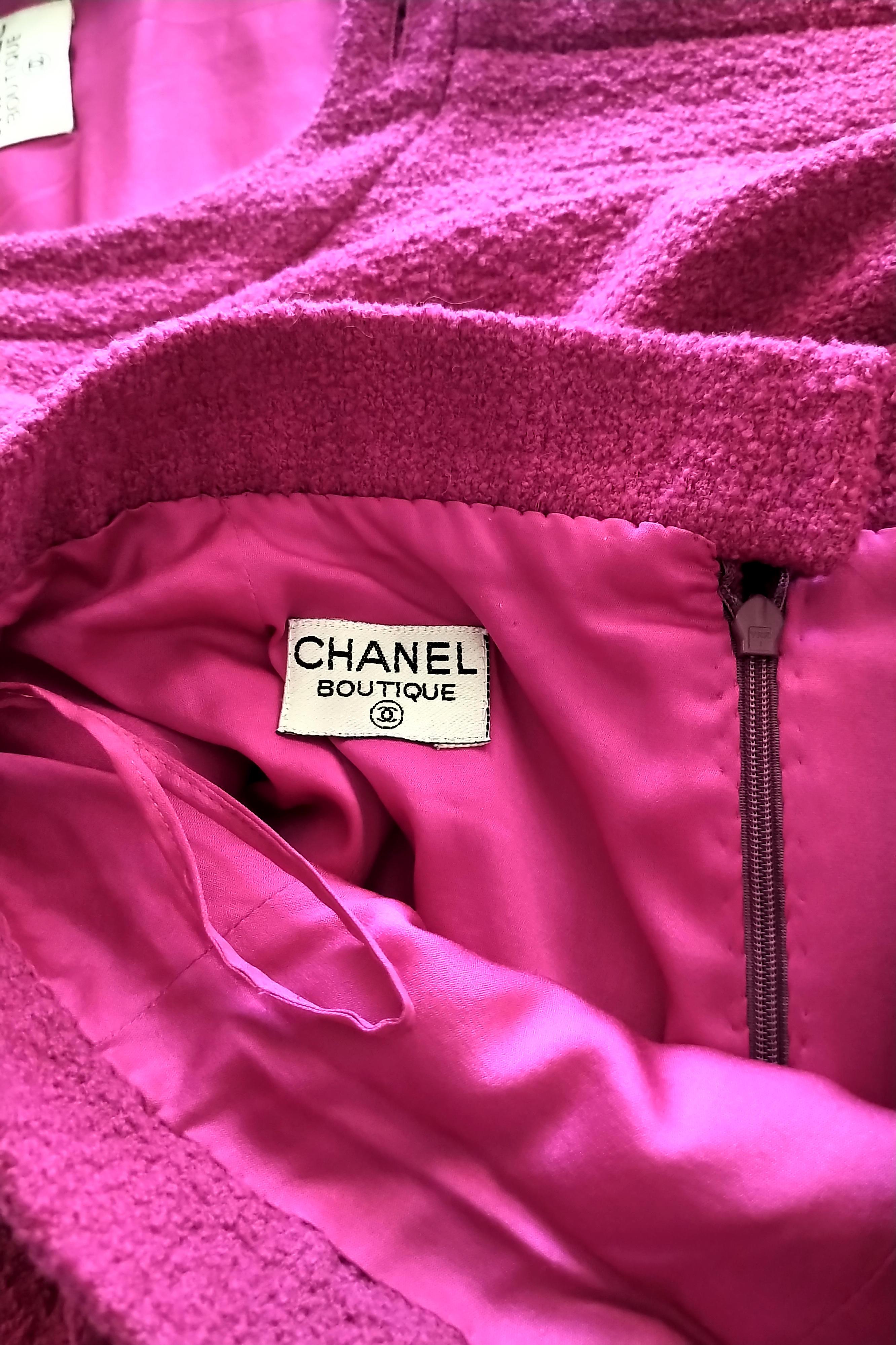 Rare Vintage Chanel 1980's CC Pink Violet Tweed Jacket Skirt Suit FR 40/ US 6 8 For Sale 11