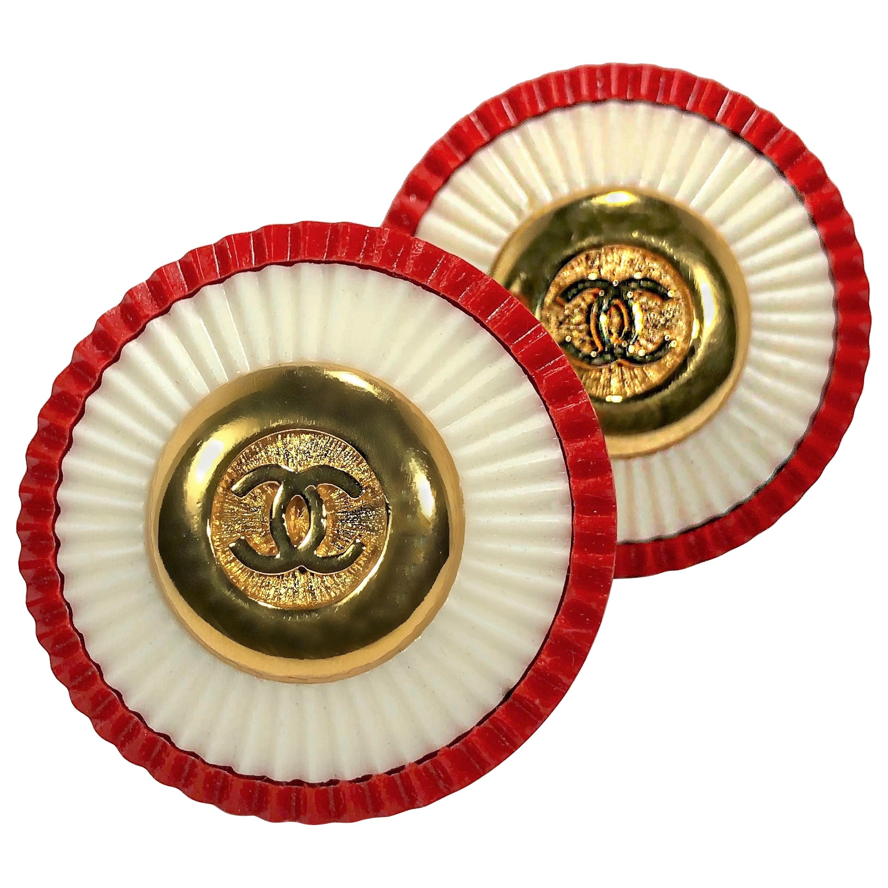 Rare Vintage Chanel 1980s Red, White, & Gold Tone CC Earrings 1.5 inch Diameter