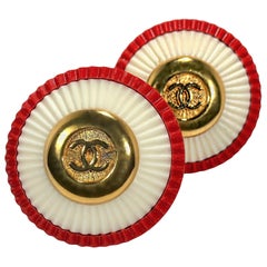 Rare Retro Chanel 1980s Red, White, & Gold Tone CC Earrings 1.5 Inch Diameter