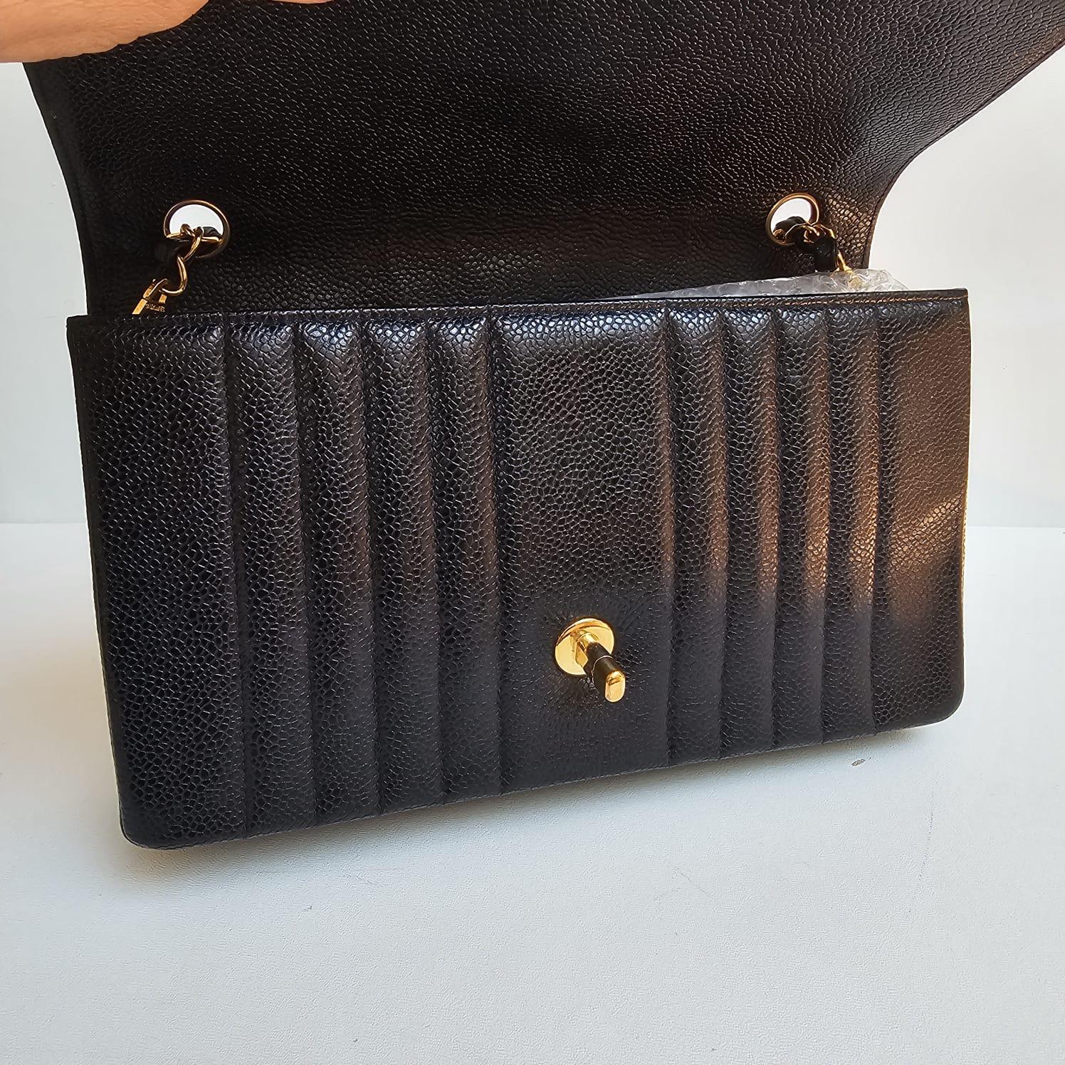 Rare Vintage Chanel Black Caviar Vertical Quilted Medium Flap Bag For Sale 6