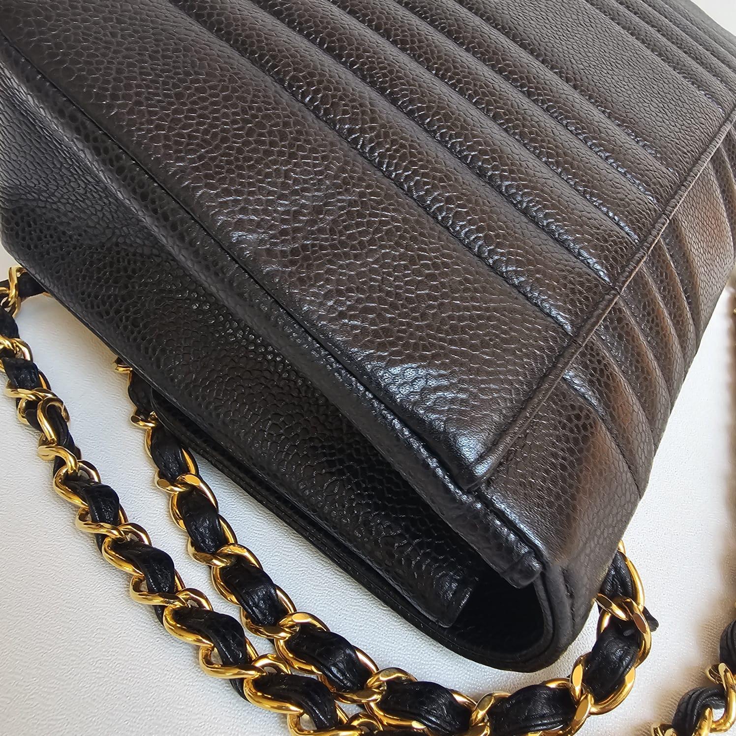 Rare Vintage Chanel Black Caviar Vertical Quilted Medium Flap Bag For Sale 7
