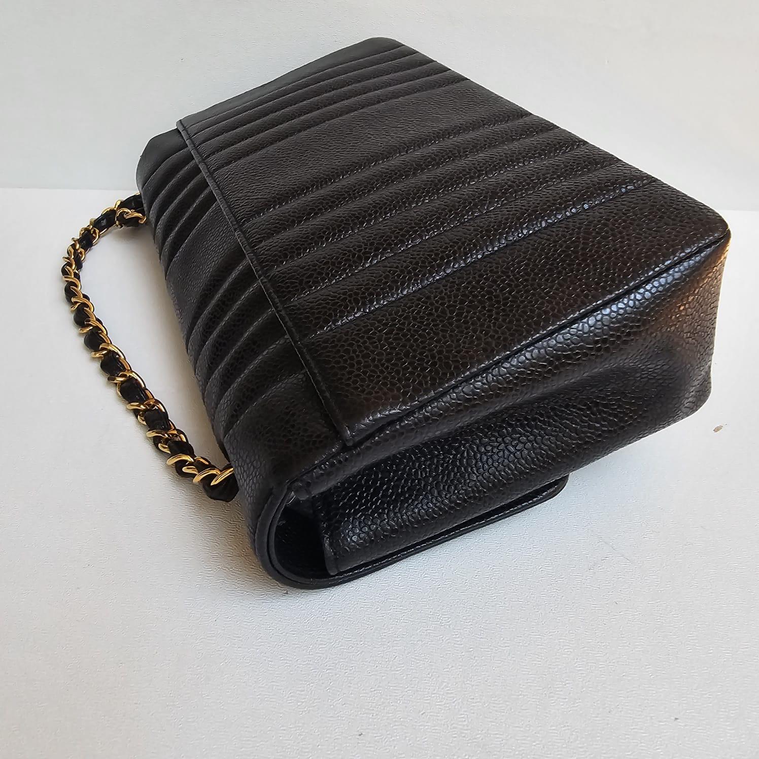 Rare Vintage Chanel Black Caviar Vertical Quilted Medium Flap Bag For Sale 8