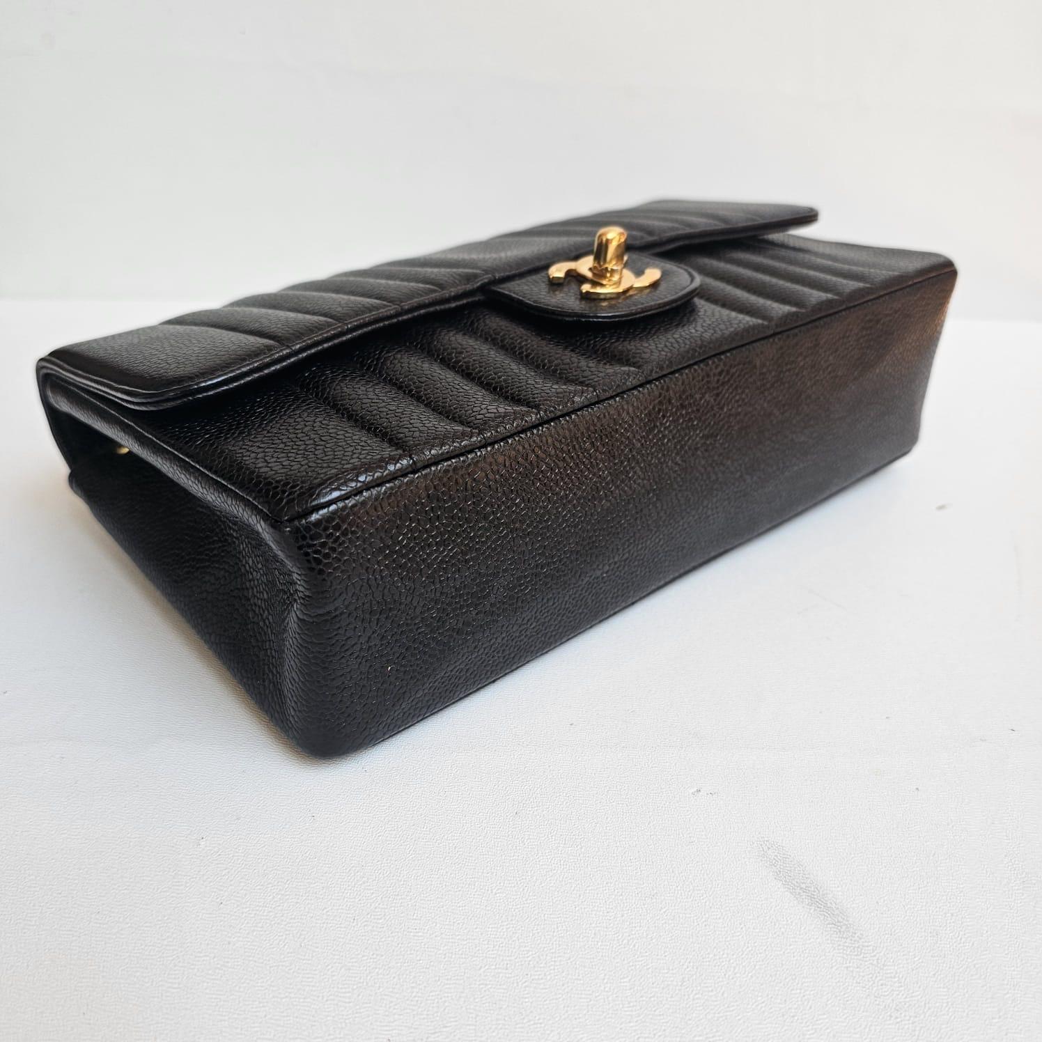 Rare Vintage Chanel Black Caviar Vertical Quilted Medium Flap Bag For Sale 9