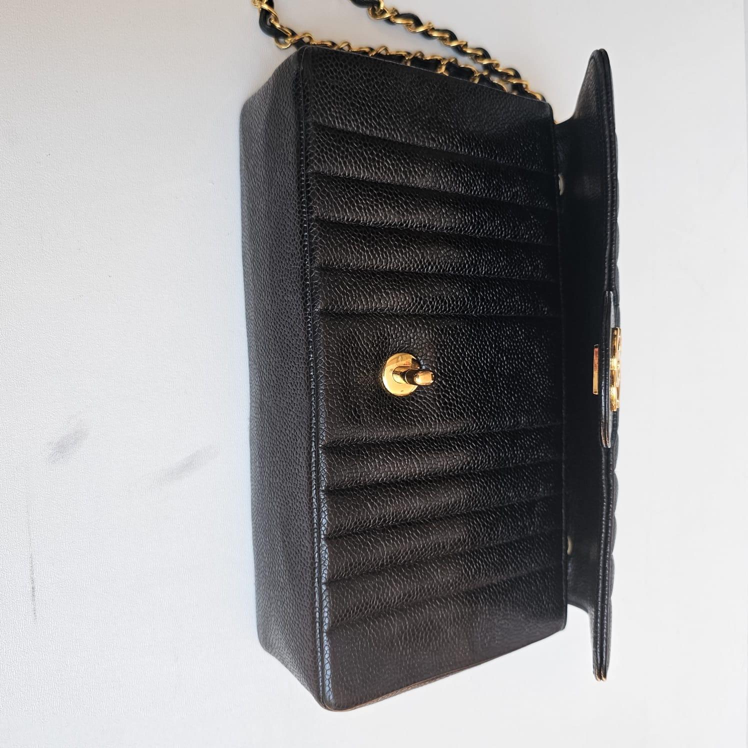 Rare Vintage Chanel Black Caviar Vertical Quilted Medium Flap Bag For Sale 10