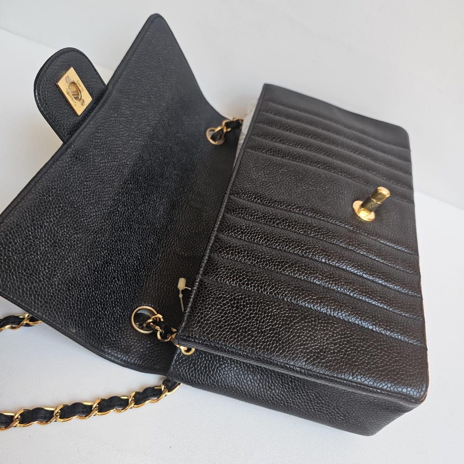 Rare Vintage Chanel Black Caviar Vertical Quilted Medium Flap Bag For Sale 14