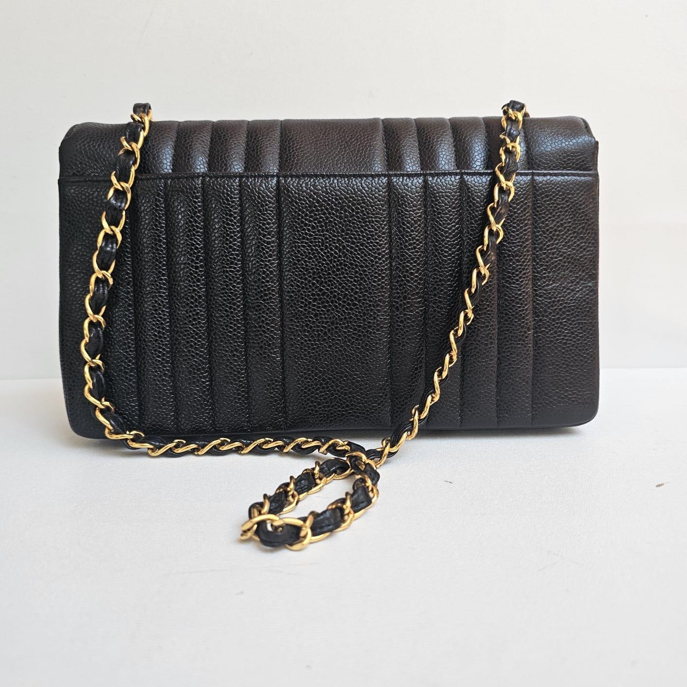 Rare Vintage Chanel Black Caviar Vertical Quilted Medium Flap Bag For Sale 1