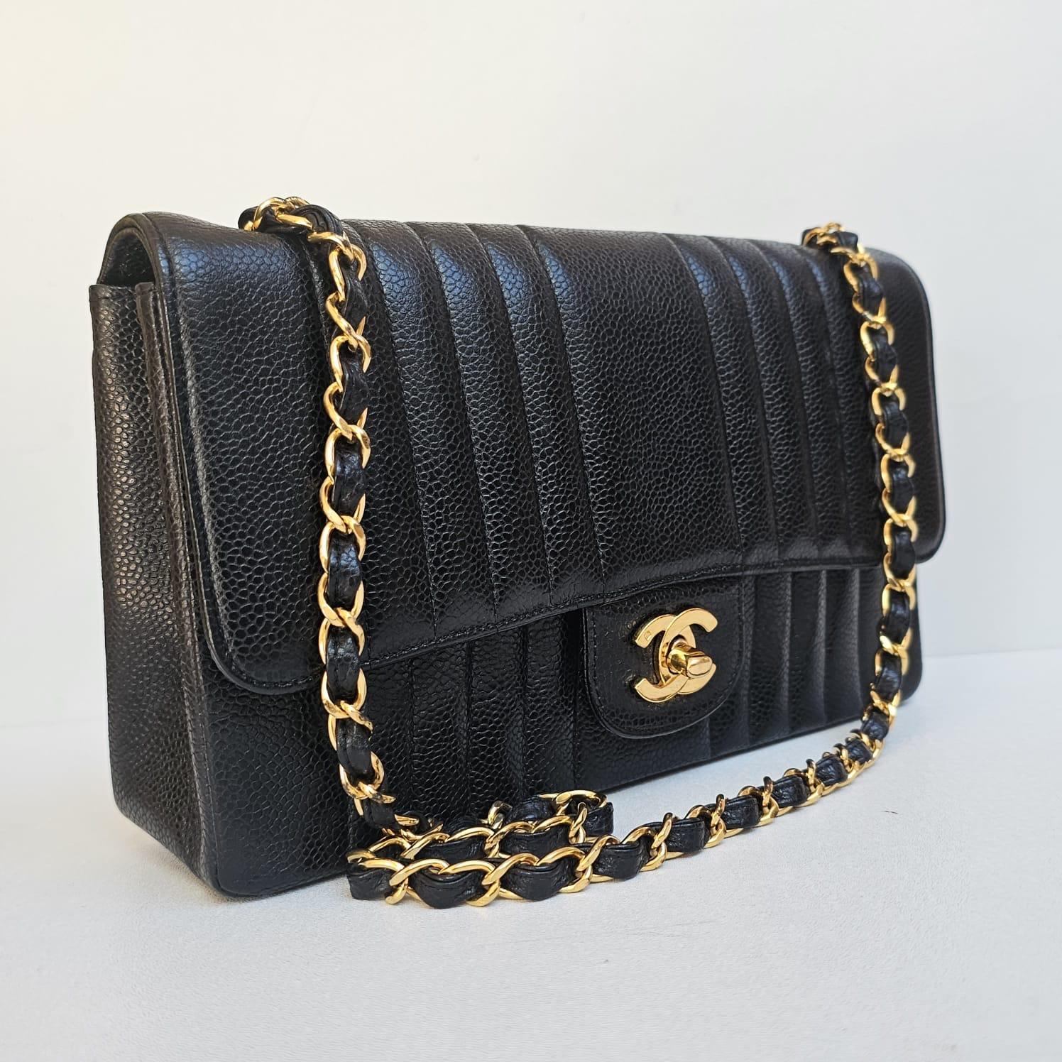 Rare Vintage Chanel Black Caviar Vertical Quilted Medium Flap Bag For Sale 2
