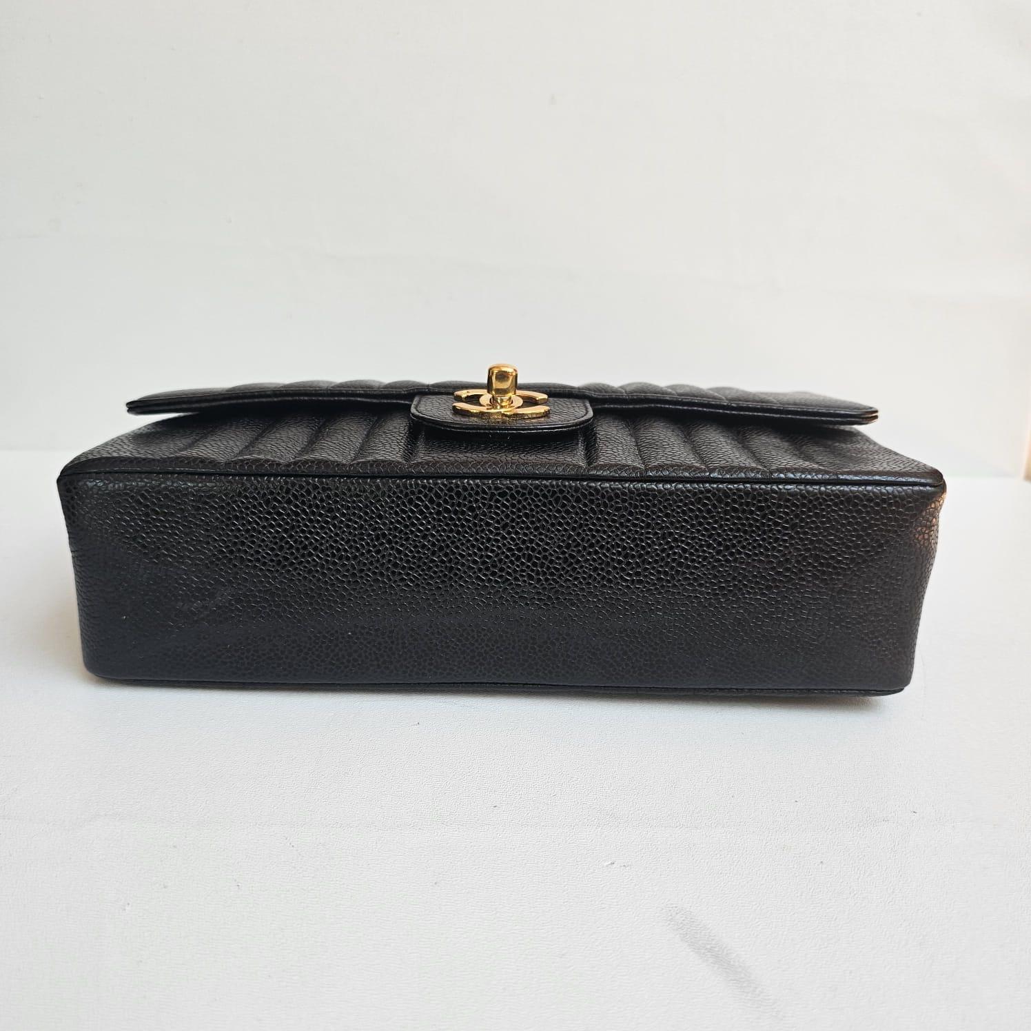 Rare Vintage Chanel Black Caviar Vertical Quilted Medium Flap Bag For Sale 5
