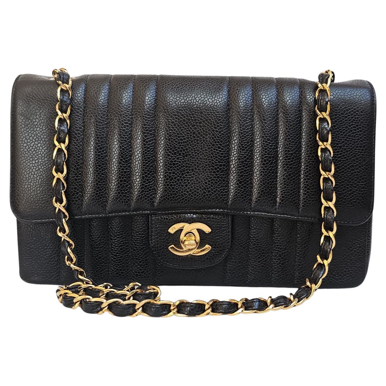 Rare Vintage Chanel Black Caviar Vertical Quilted Medium Flap Bag For Sale