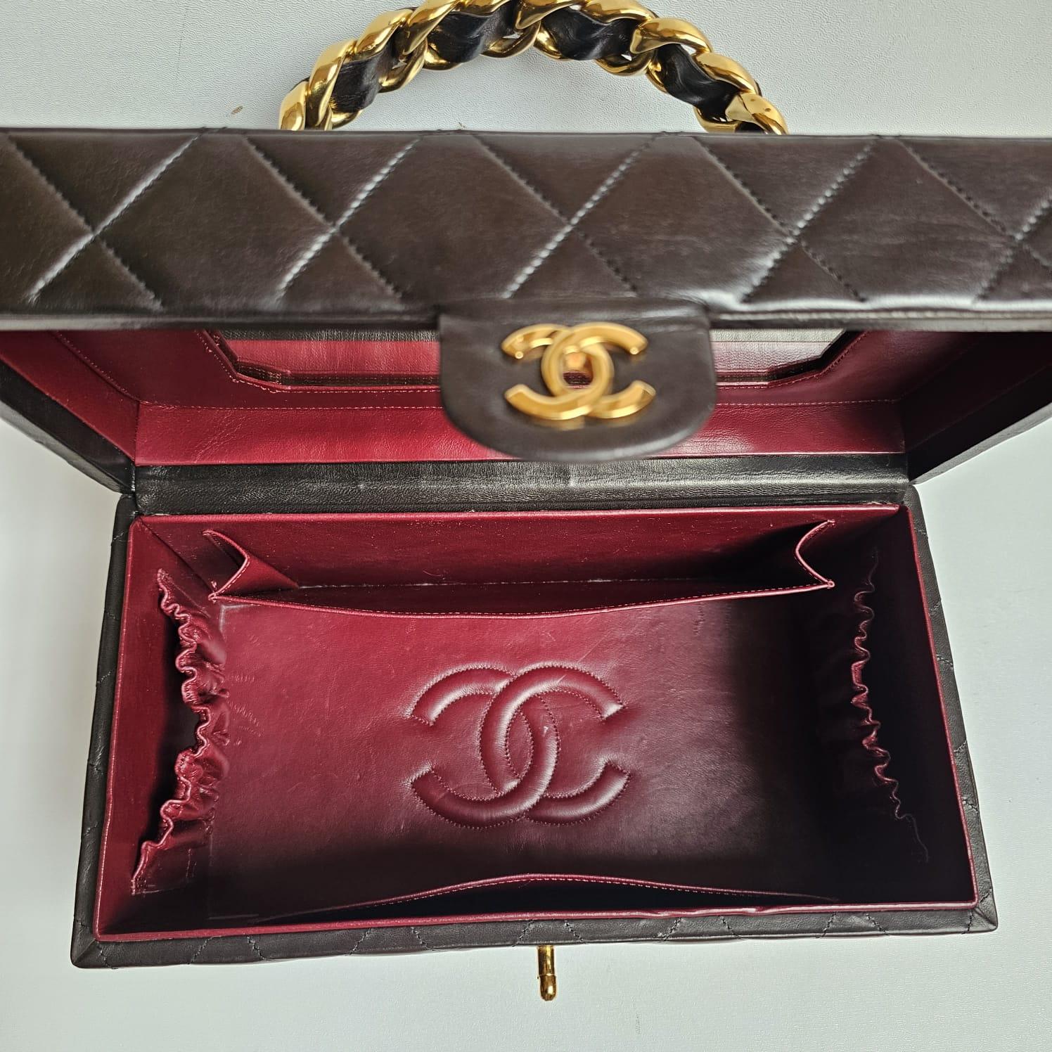 Rare Vintage Chanel Dark Brown Lambskin Quilted Large Vanity Box For Sale 6