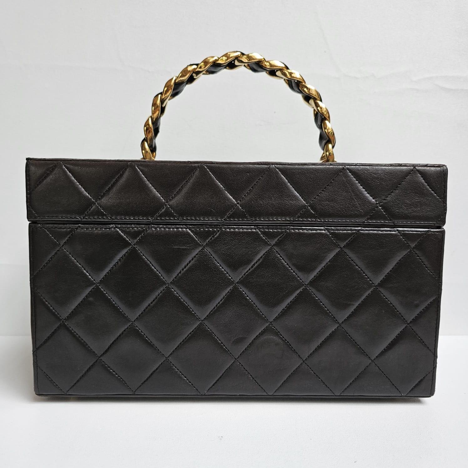 Rare Vintage Chanel Dark Brown Lambskin Quilted Large Vanity Box For Sale 8