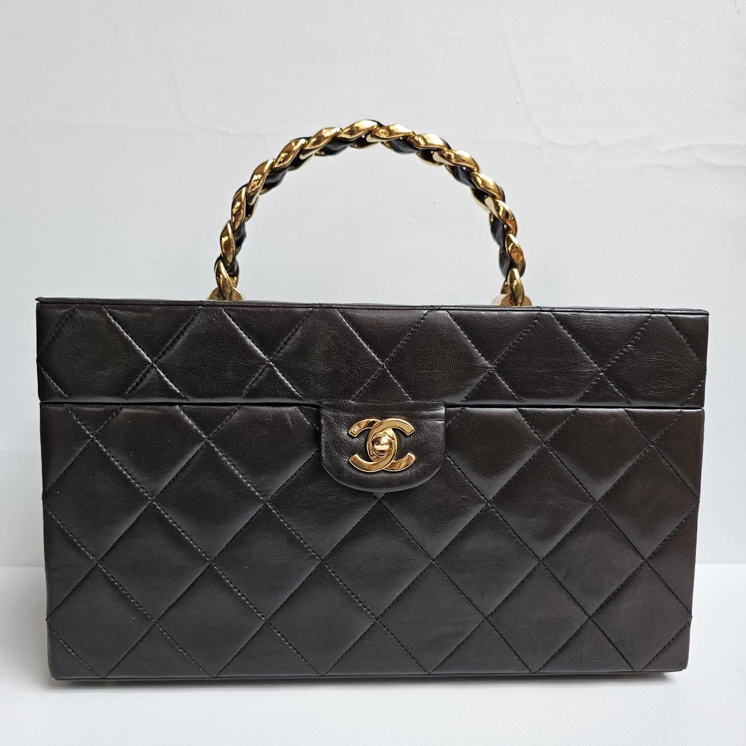 Rare Vintage Chanel Dark Brown Lambskin Quilted Large Vanity Box For Sale 10