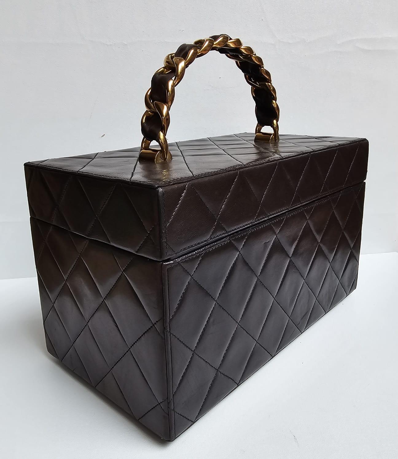Rare Vintage Chanel Dark Brown Lambskin Quilted Large Vanity Box For Sale 13