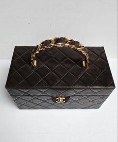 Rare Vintage Chanel Dark Brown Lambskin Quilted Large Vanity Box