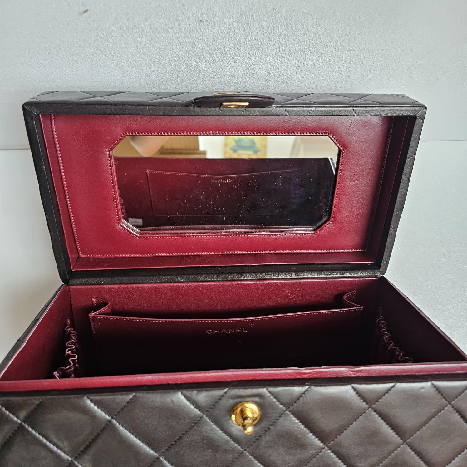 Rare Vintage Chanel Dark Brown Lambskin Quilted Large Vanity Box For Sale 1