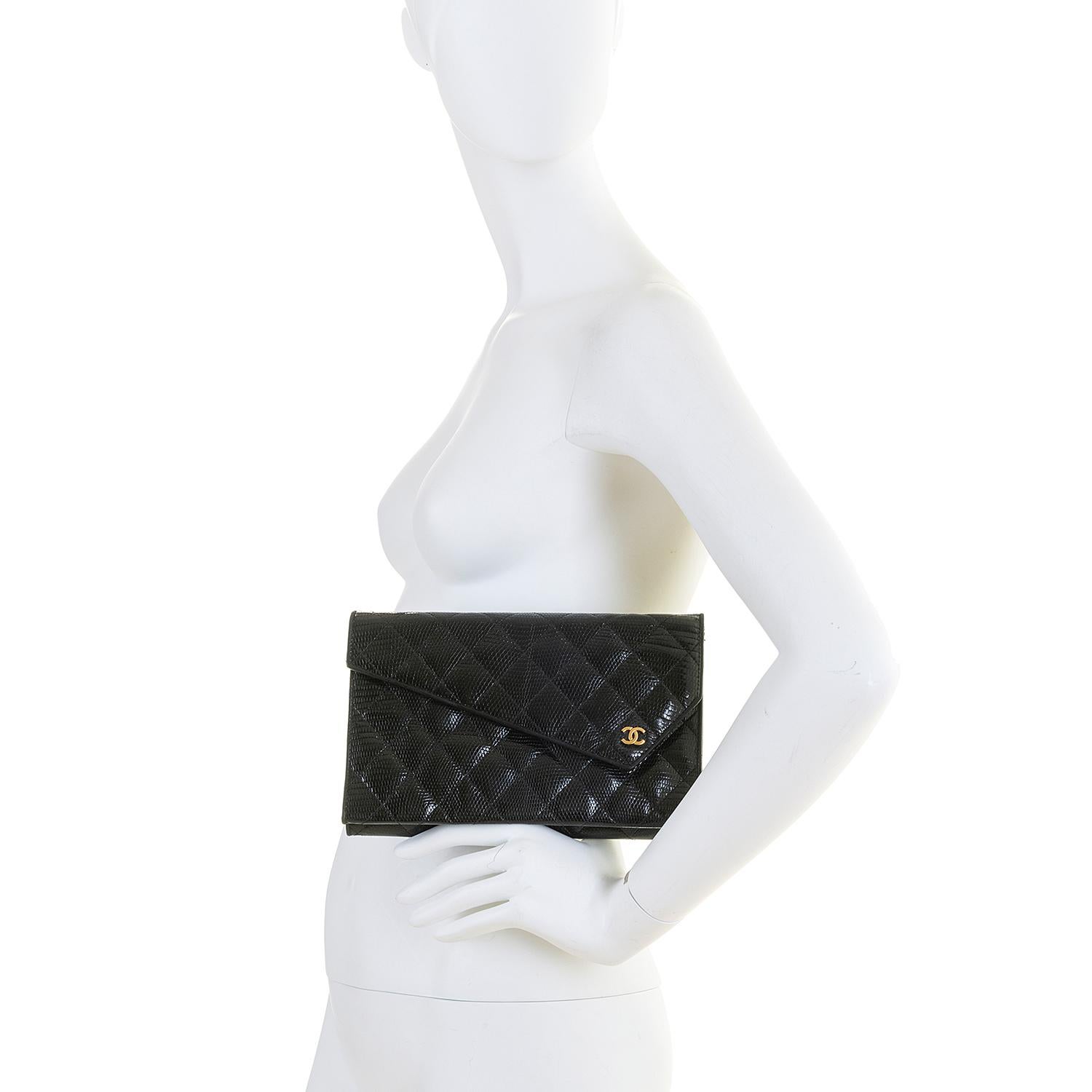 Rare Vintage Chanel Black Lizard Evening Bag by Karl Lagerfeld For Sale 3