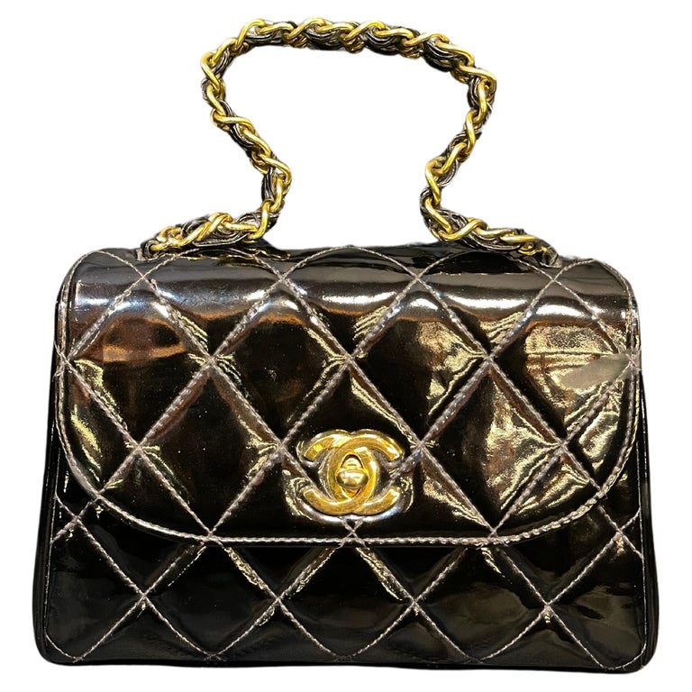 Rare Vintage Chanel Black Patent Quilted Mini Chain Top Handle Bag