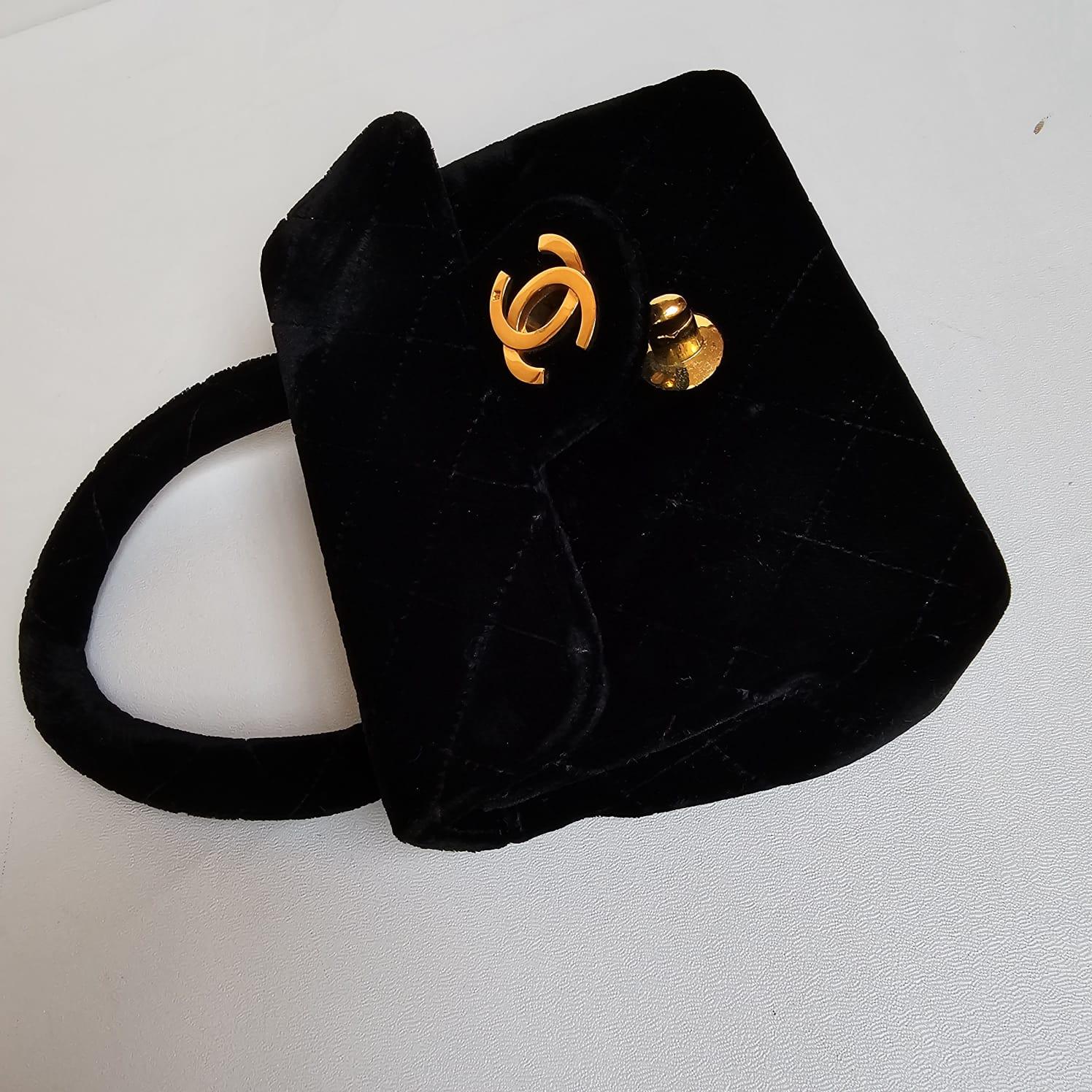 Rare Vintage Chanel Black Velvet Mini Kelly Top Handle Bag For Sale 6