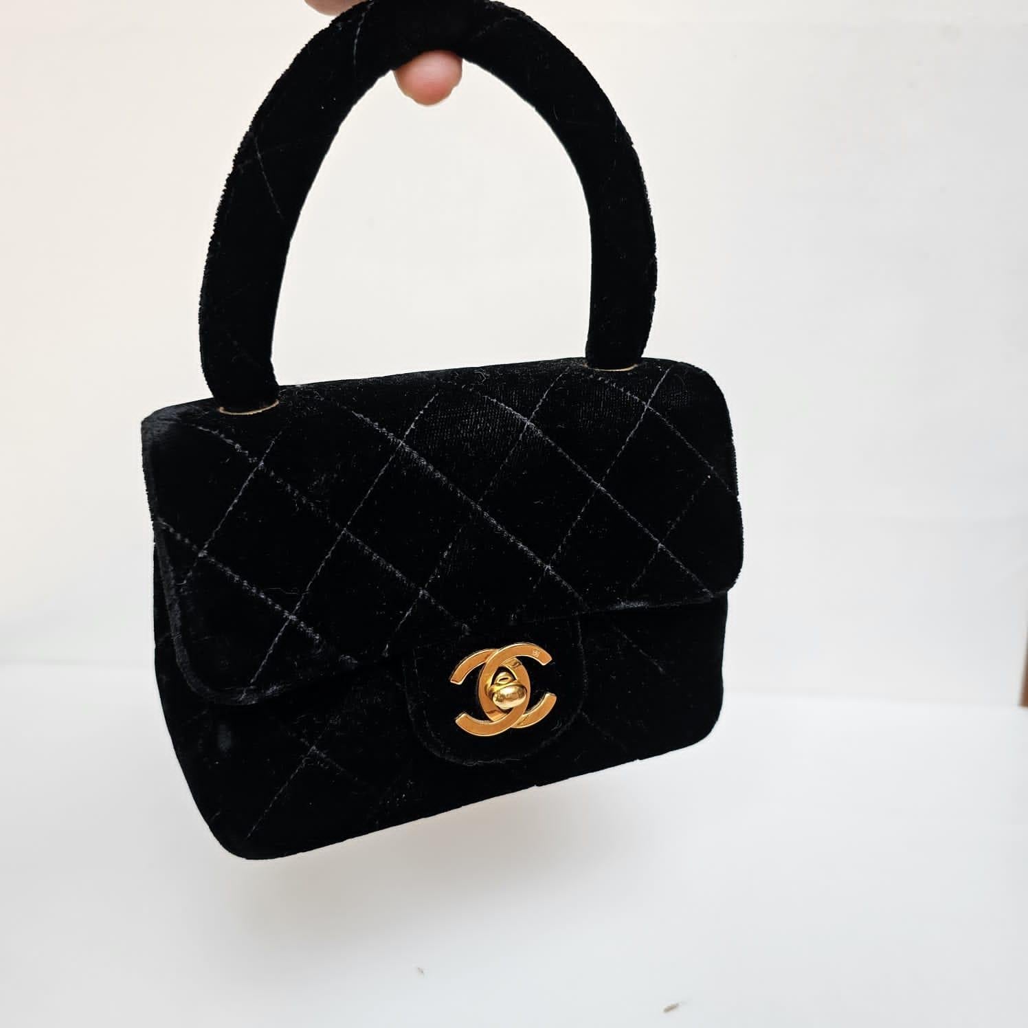 Rare Vintage Chanel Black Velvet Mini Kelly Top Handle Bag For Sale 8