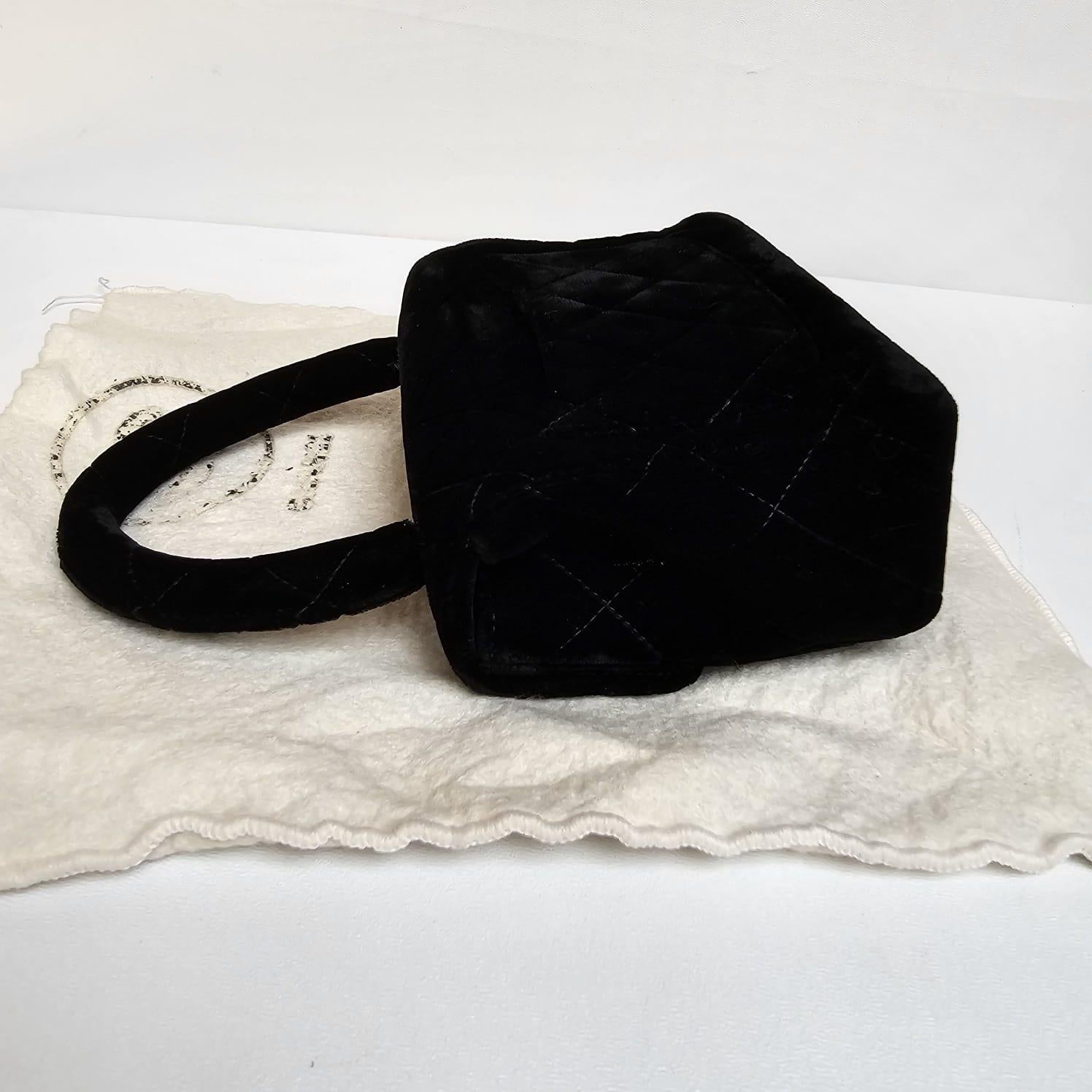Rare Vintage Chanel Black Velvet Mini Kelly Top Handle Bag For Sale 9