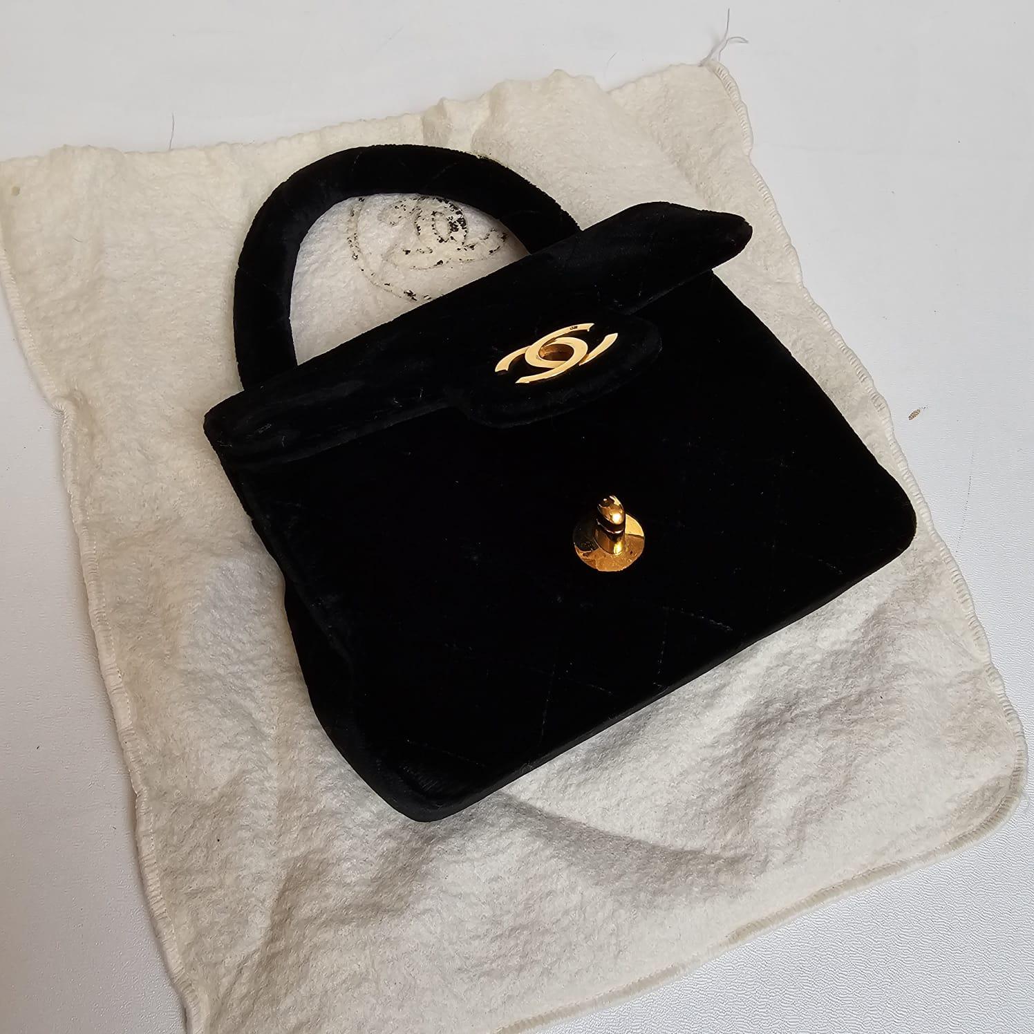 Rare Vintage Chanel Black Velvet Mini Kelly Top Handle Bag For Sale 12