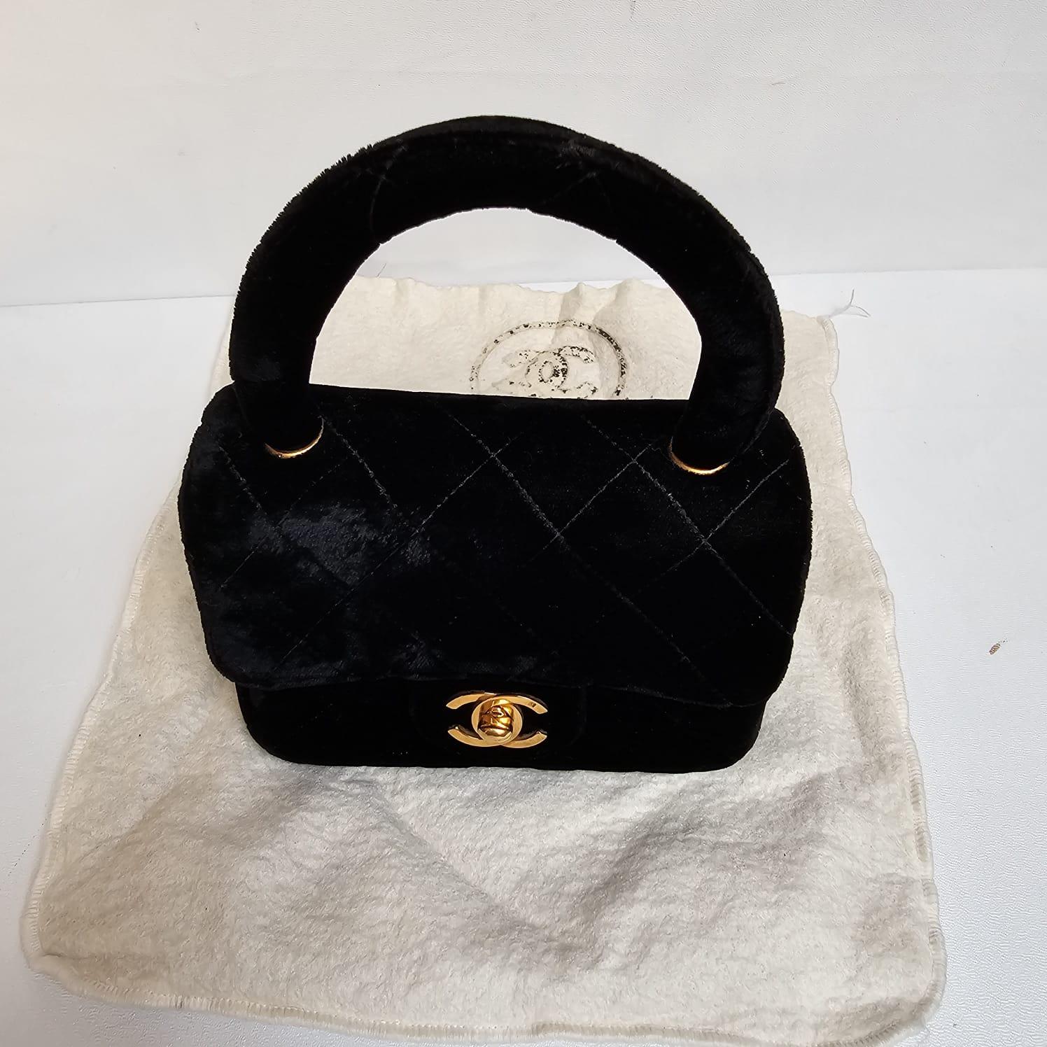 Rare Vintage Chanel Black Velvet Mini Kelly Top Handle Bag For Sale 15