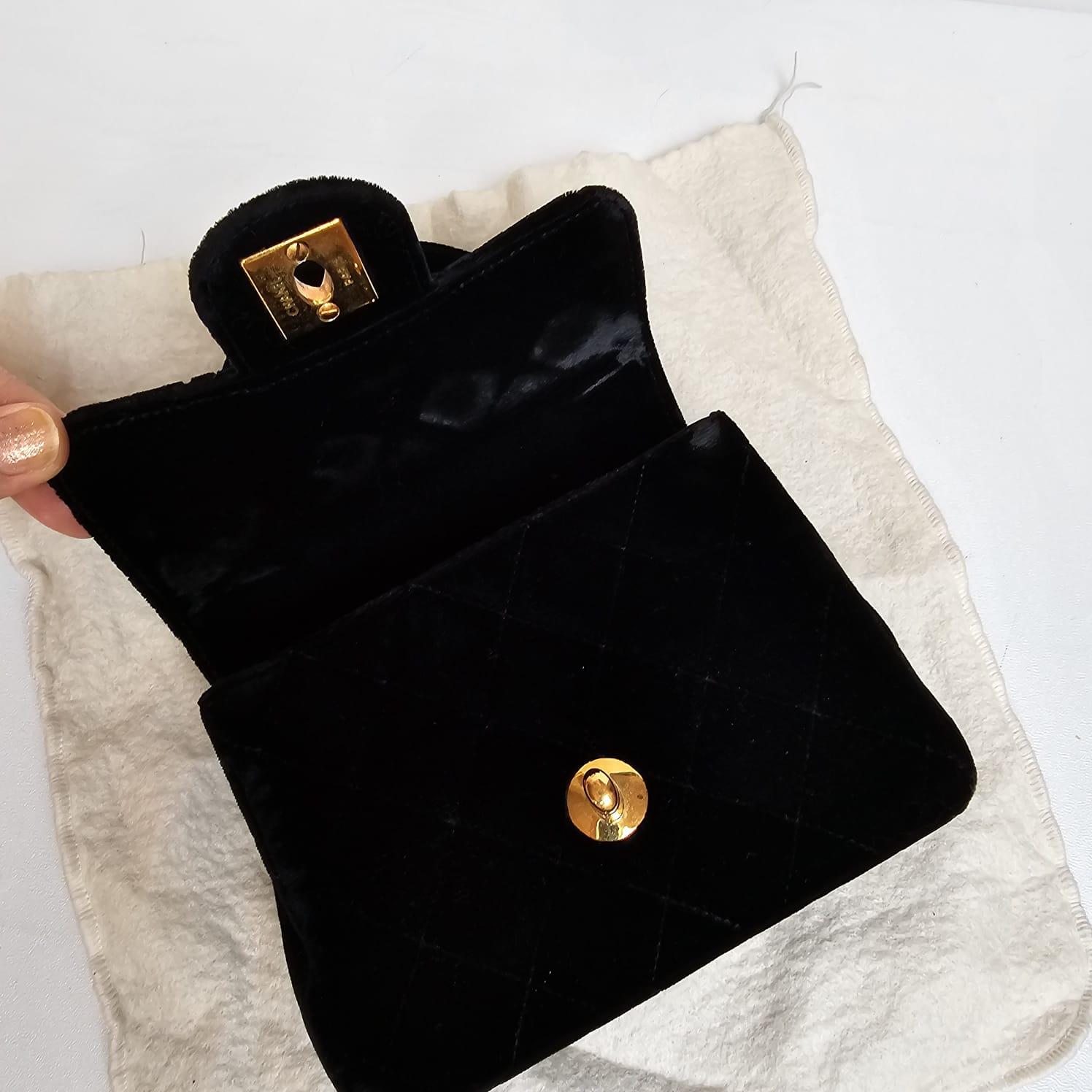 Rare Vintage Chanel Black Velvet Mini Kelly Top Handle Bag For Sale 16