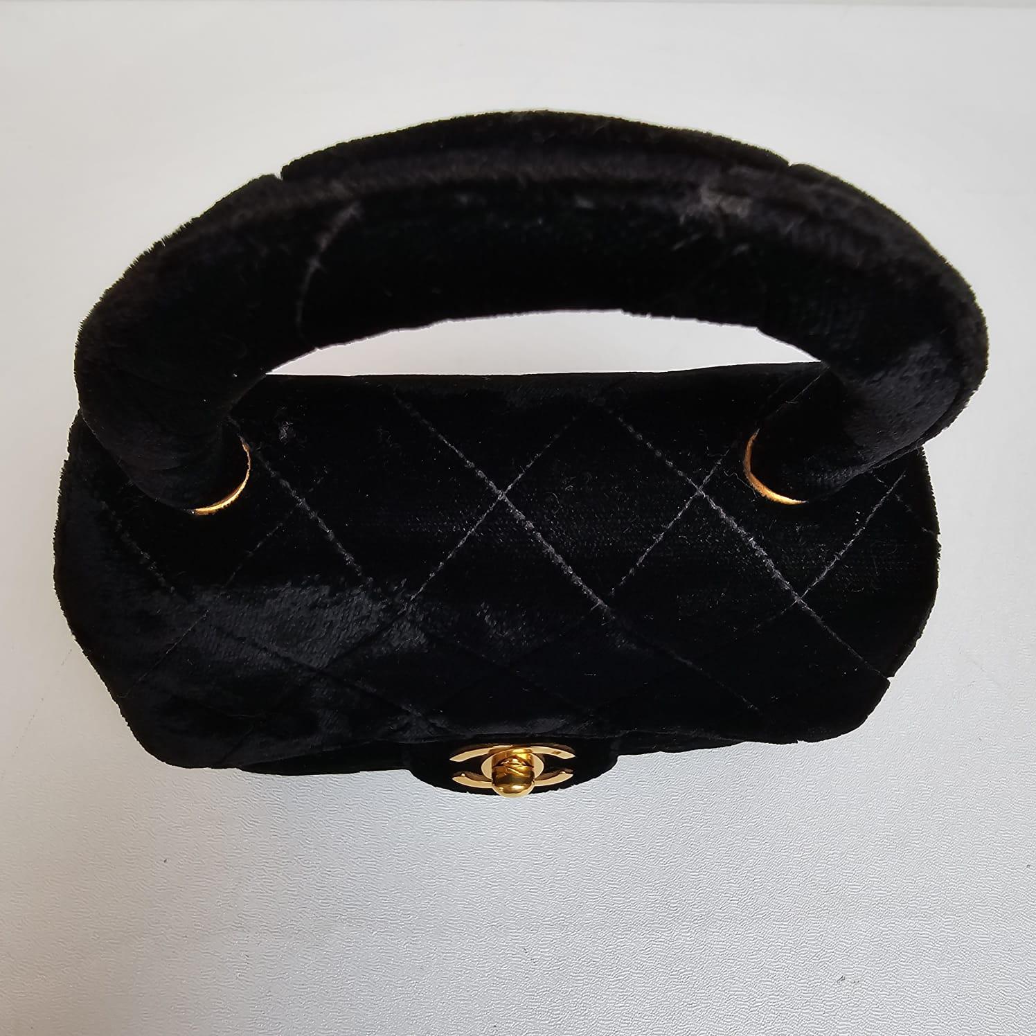 Rare Vintage Chanel Black Velvet Mini Kelly Top Handle Bag For Sale 5