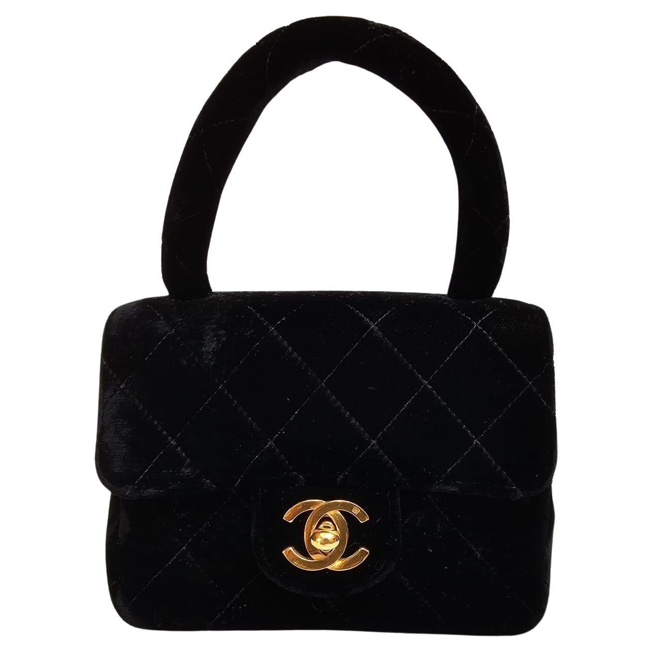 Rare Vintage Chanel Black Velvet Mini Kelly Top Handle Bag For Sale