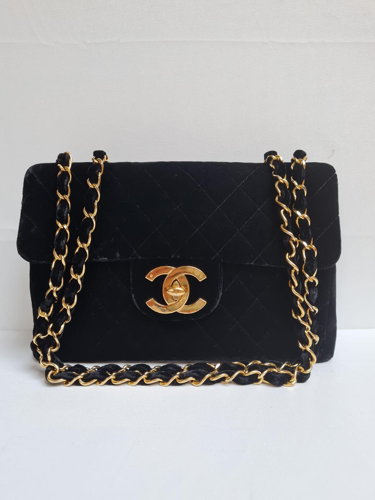 Rare Vintage Chanel Black Velvet Quilted Jumbo 24K Large CC Single Flap Bag 7