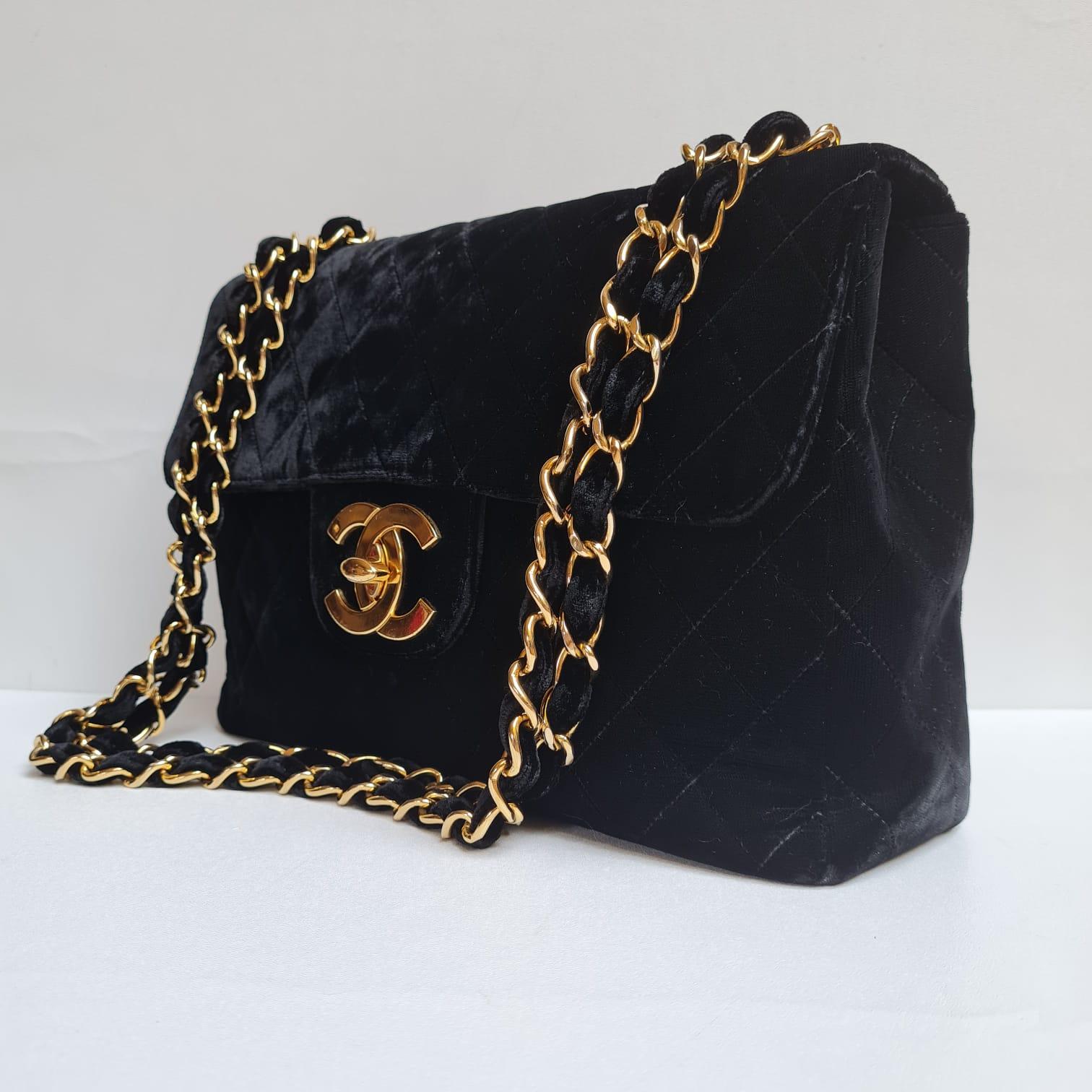 Rare Vintage Chanel Black Velvet Quilted Jumbo 24K Large CC Single Flap Bag 8