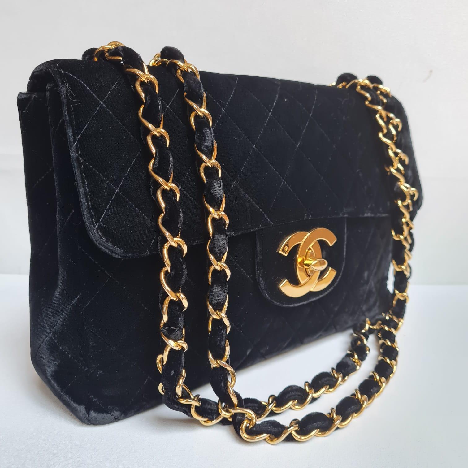 Rare Vintage Chanel Black Velvet Quilted Jumbo 24K Large CC Single Flap Bag 3