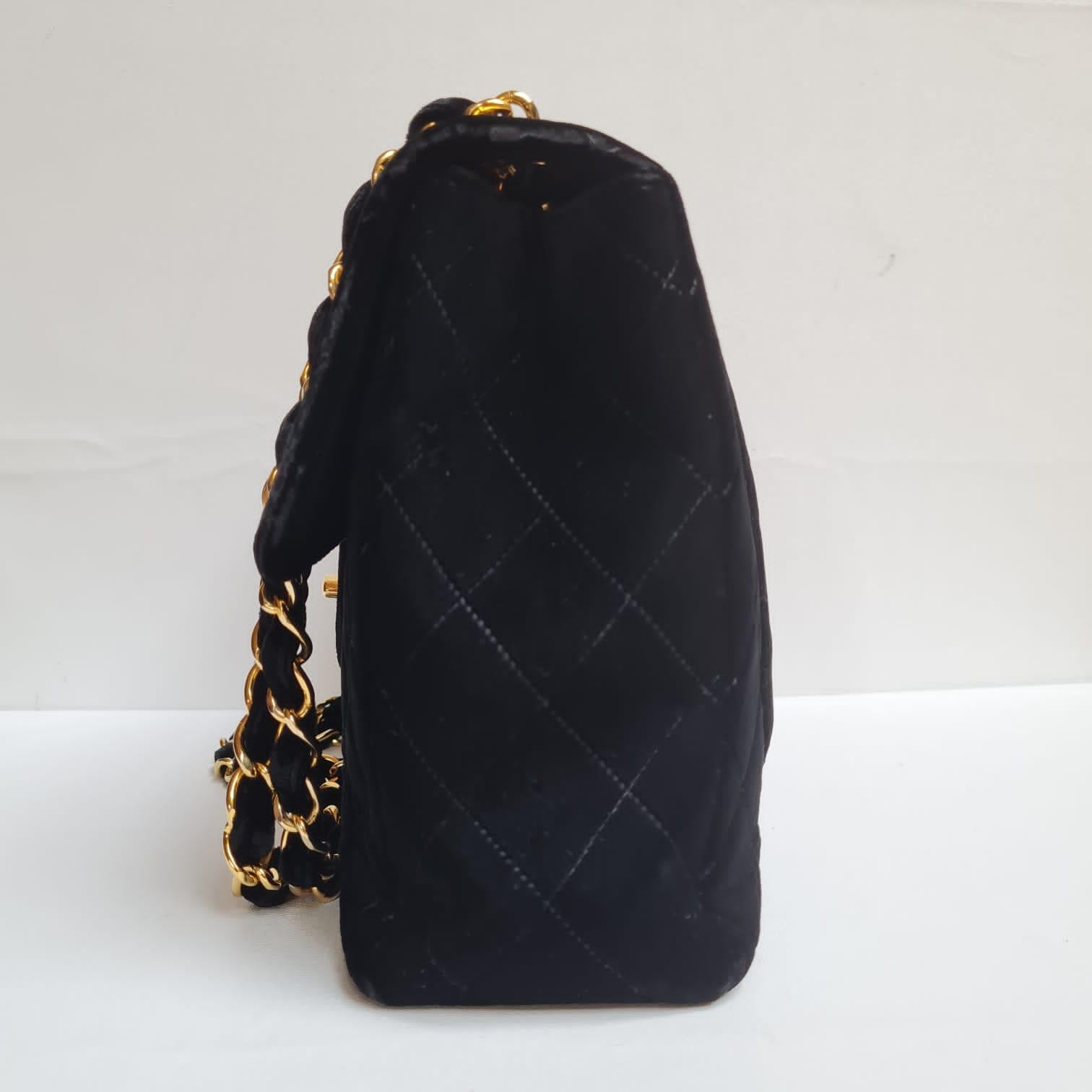 Rare Vintage Chanel Black Velvet Quilted Jumbo 24K Large CC Single Flap Bag 4